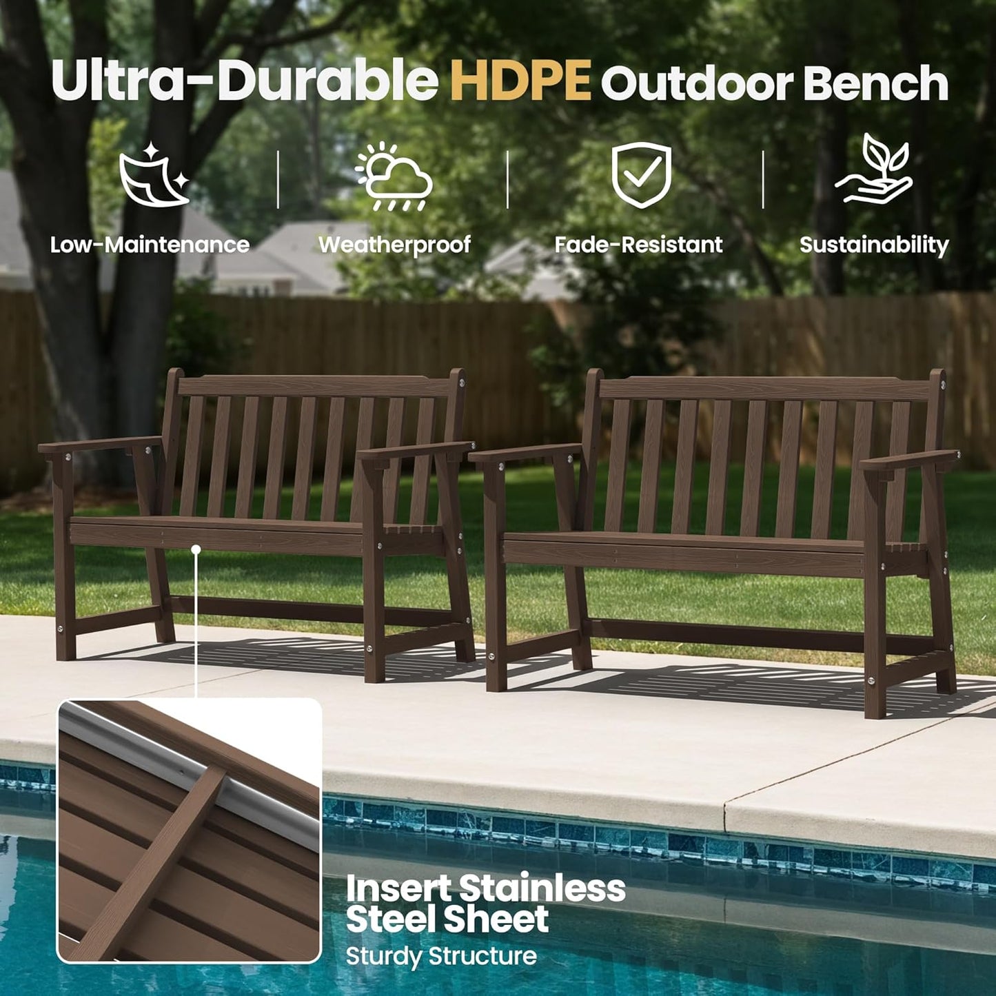 Ciokea 44" Outdoor Bench, HDPE Weatherproof Garden Bench, 2-Person Porch Benches with 550 Lbs, Waterproof Patio Benches for Outside Balcony Deck Backyard, Brown