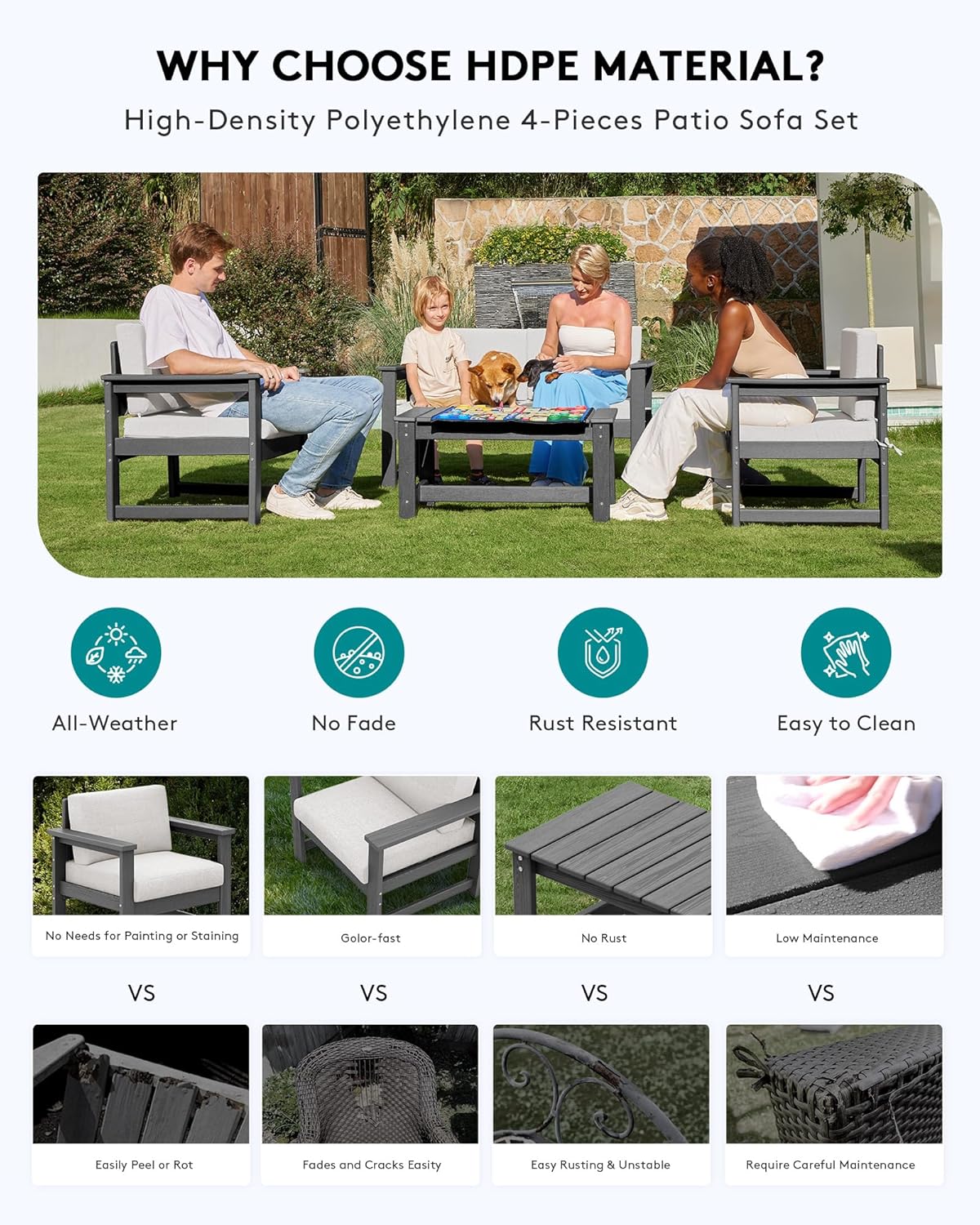 SERWALL 5 Pieces HDPE Outdoor Sofa Set with Cushions, All Weather Use Patio Conversation Couch Loveseat Furniture with Coffee Table for Balcony, Deck, Poolside, Grey Frame with Khaki Cushions