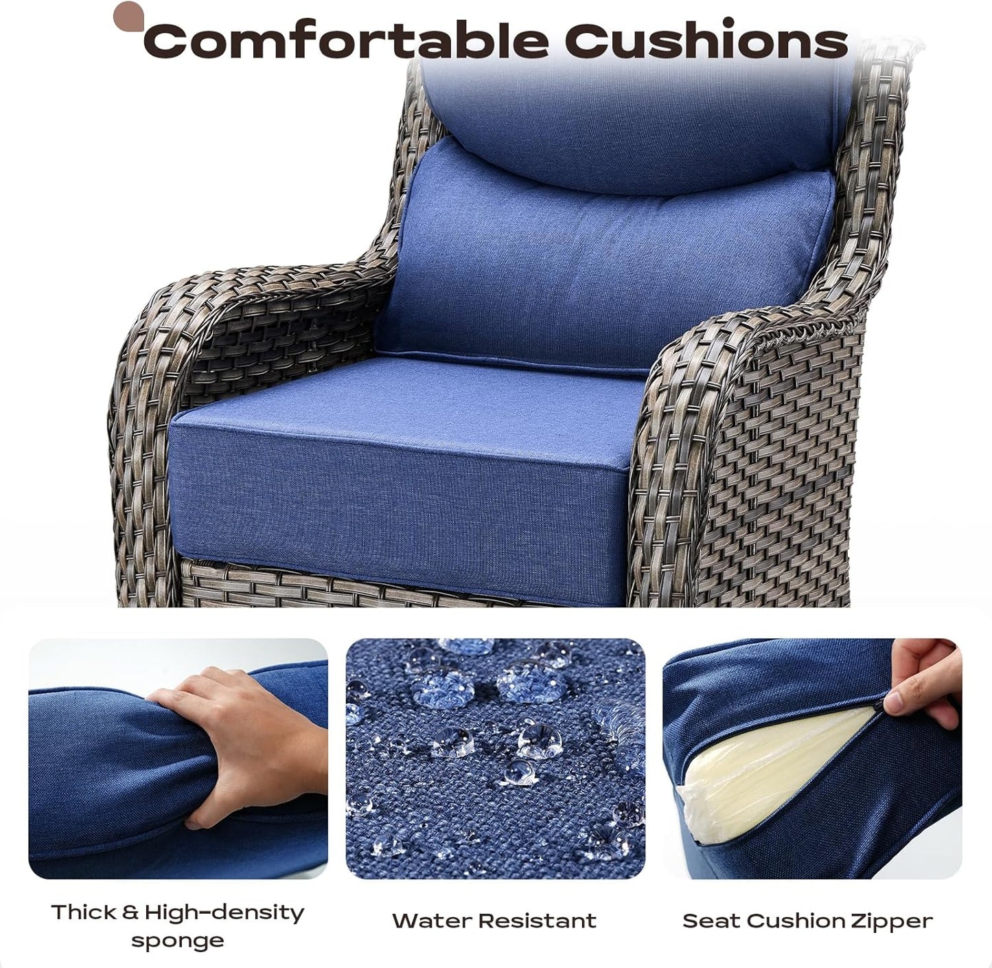 Outdoor Patio Swivel Rocker Chairs Set of 2, Waterproof Wicker, High Back, Deep Seating, Wide Armrest, Upgraded 6 inch Thick Cushions, Ideal for Deck Porch Backyard, Mixed Grey/Blue