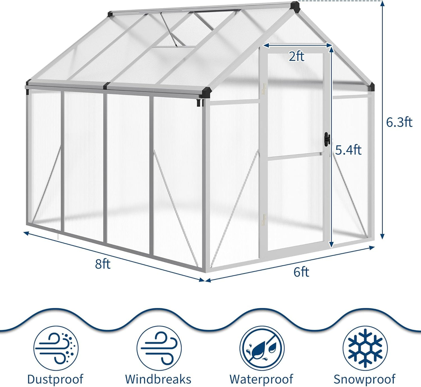 6x8 FT Greenhouse, Easy Assembly Aluminum Polycarbonate Greenhouses for Outdoors with Roof Vent and Ground Nails, Heavy Duty Aluminum Walk-in Greenhouse for Backyard, Sliding Lockable Door, Silver