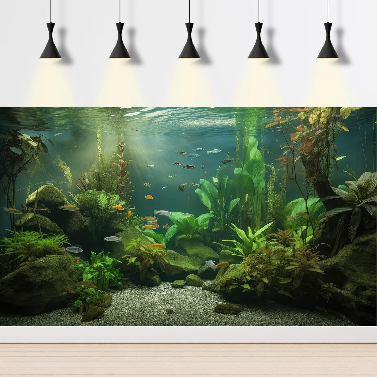 Under The Sea Aquarium Background Underwater Aquatic Plants Fish Tank Background Tropical Fish Rock with Moss Terrarium Background Undersea Green Grass with Sunbeams Terrarium Background 24x12in
