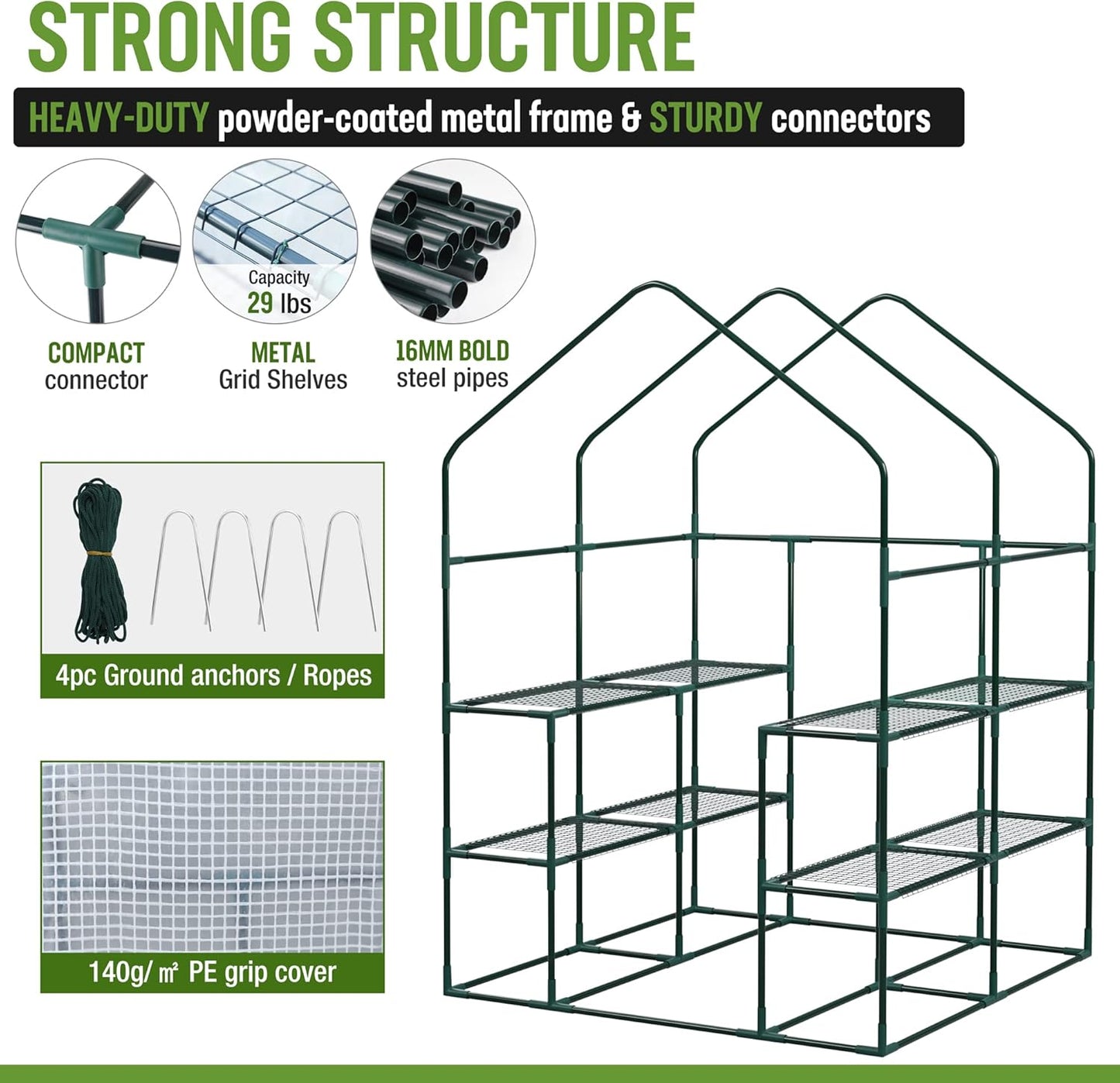 WORKPRO Greenhouse, 56” x 56” x 77” Heavy Duty Walk in Greenhouses for Outdoors with Screen Windows, Thicken PE Cover, 3 Tier 8 Shelves Portable Green House Kit for Patio, Backyard and Porch