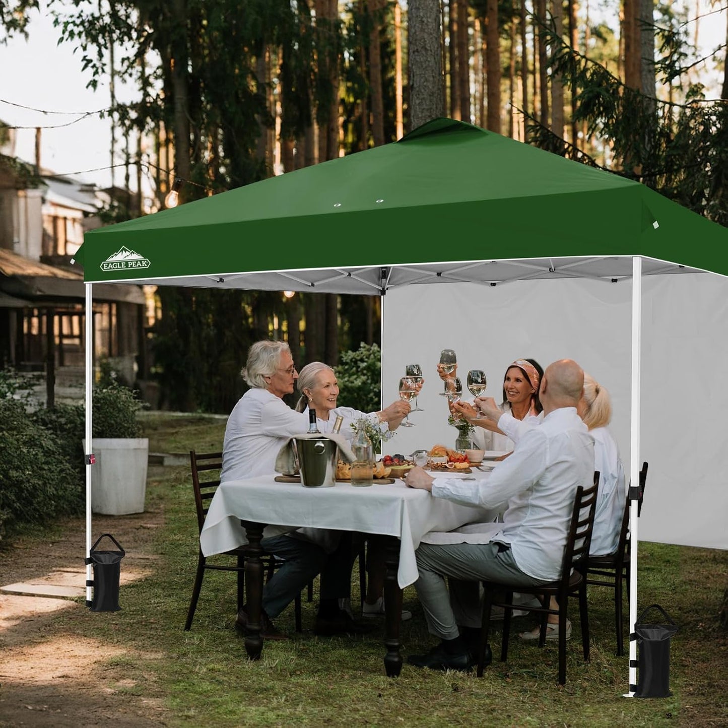 EAGLE PEAK Pop Up Canopy Tent with 1 Sidewall, Easy Setup Event Tent, Outdoor Sun Shade, Wheeled Carry Bag, Stakes and Guy Ropes, Instant Canopy 12x12, Green