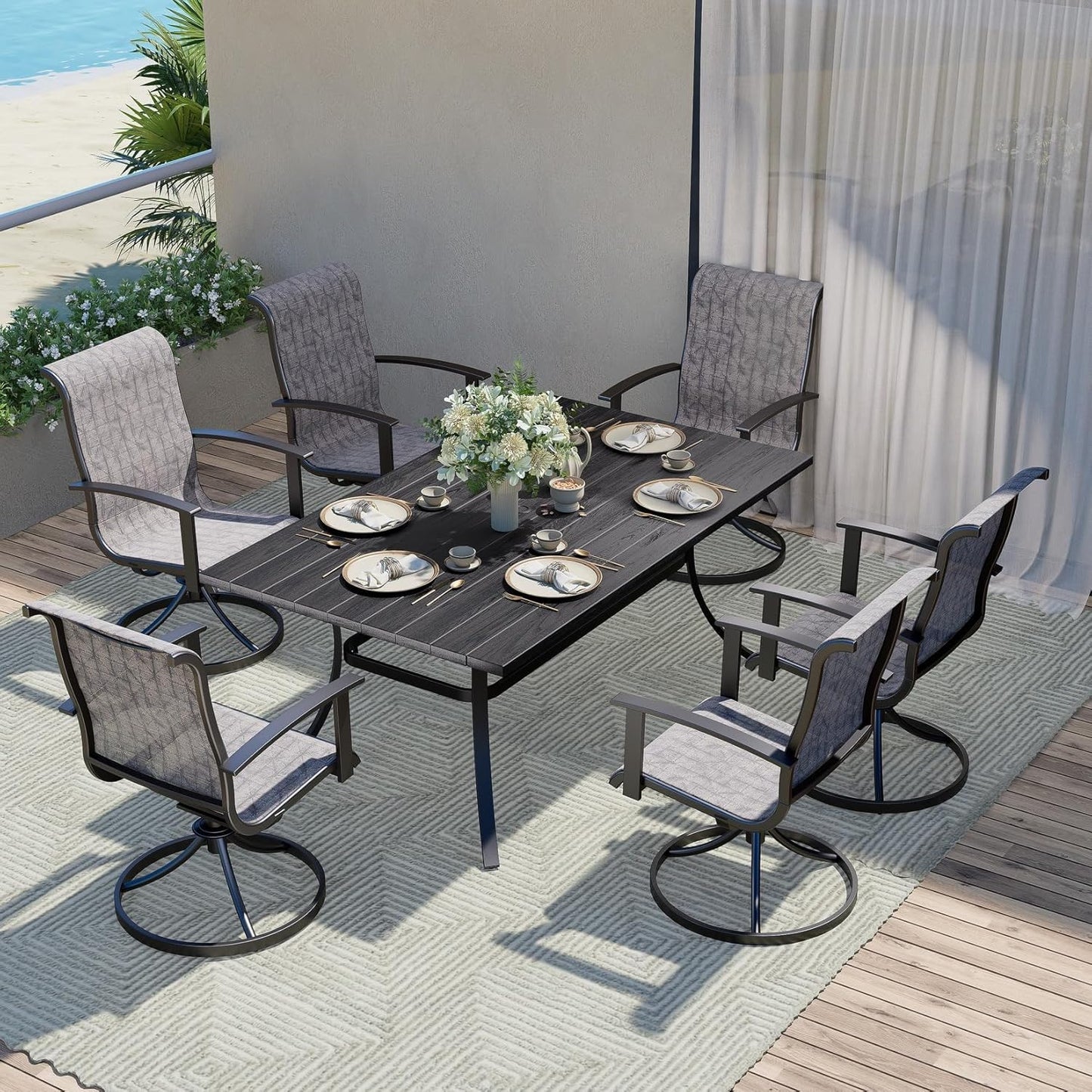 Grand patio Outdoor Swivel Dining Chairs Set of 2, 360 Degree Mesh Sling Rocker Sets for Deck, Garden Backyard, Black & Grey Plaid