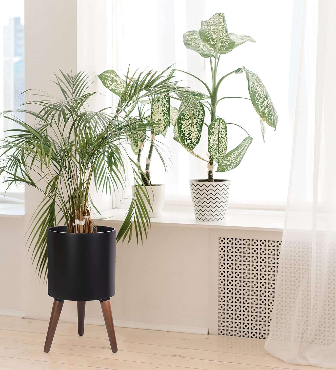 D'vine Dev 12 Inch Planter Pot with Stand, Mid-Century Tall Plant Pot with Legs for Indoor Plants, Large, Black, 88-O-C-2