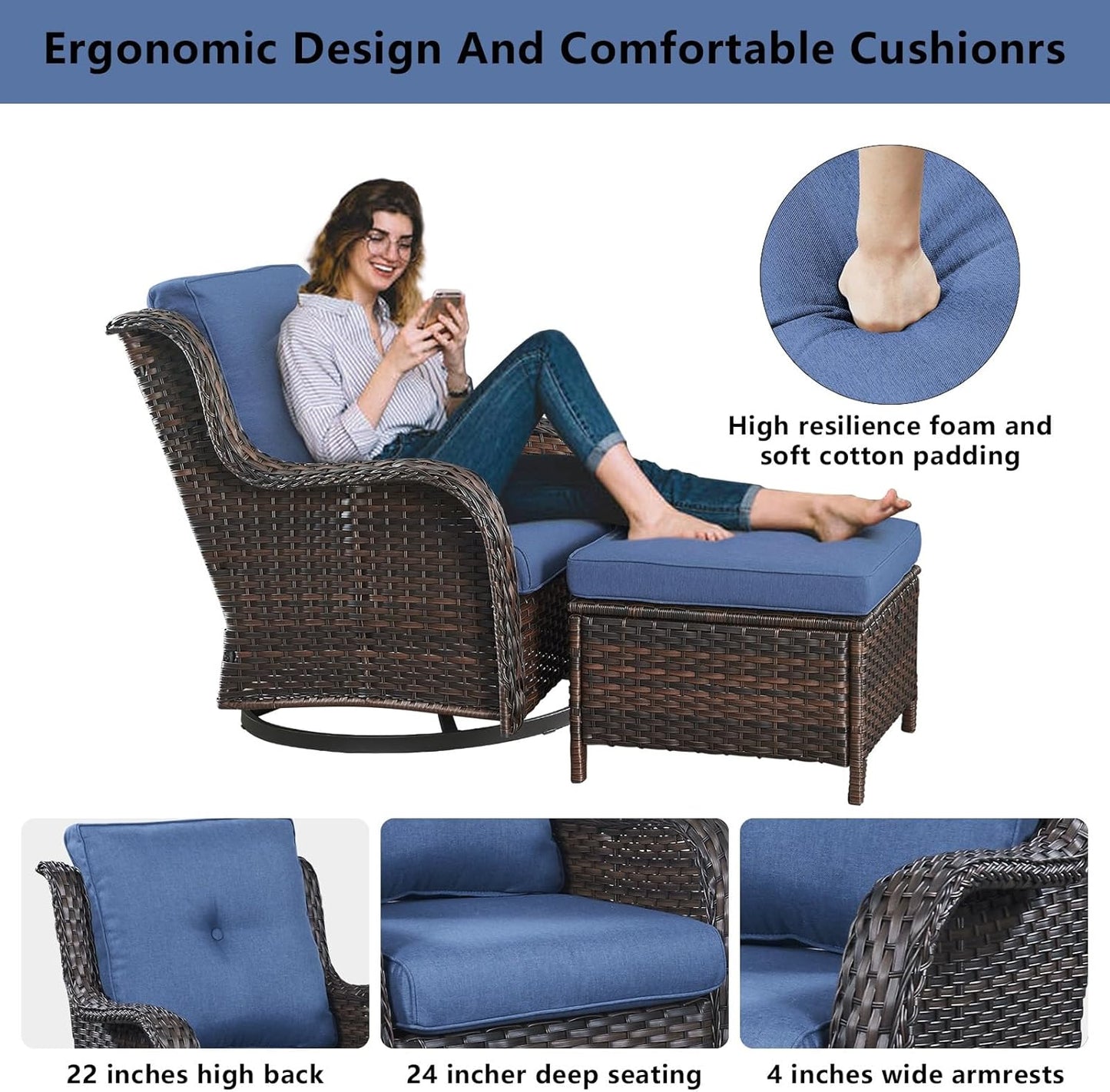 Wicker Outdoor Furniture Patio Furniture Set - 6 Piece Patio Conversation Set with Swivel Rocker Chairs, Rattan Sofa, Ottomans and Coffee Table, Blue Cushion