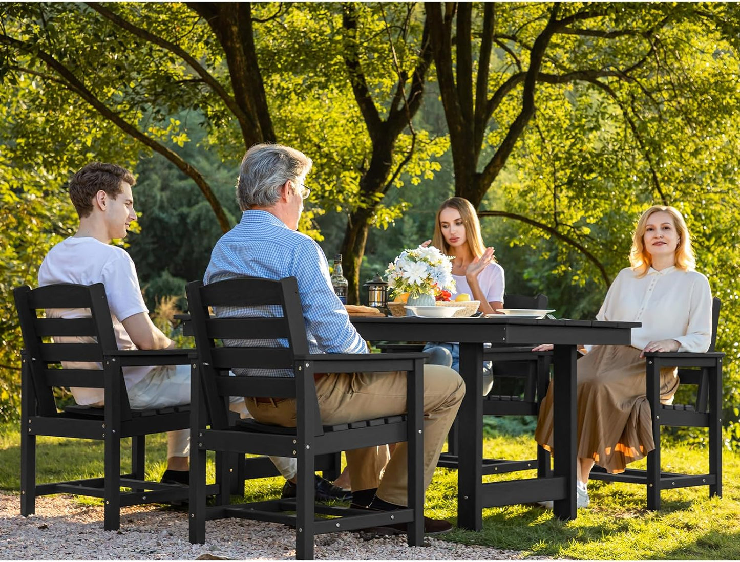 SERWALL Patio Dining Table Sets 5-Piece, Outdoor HDPE Dining Furniture Set with Umbrella Hole Cut-Out Table and 4 Chairs, All Weather Dining Set for Lawn, Garden, Backyard, Poolside, Black