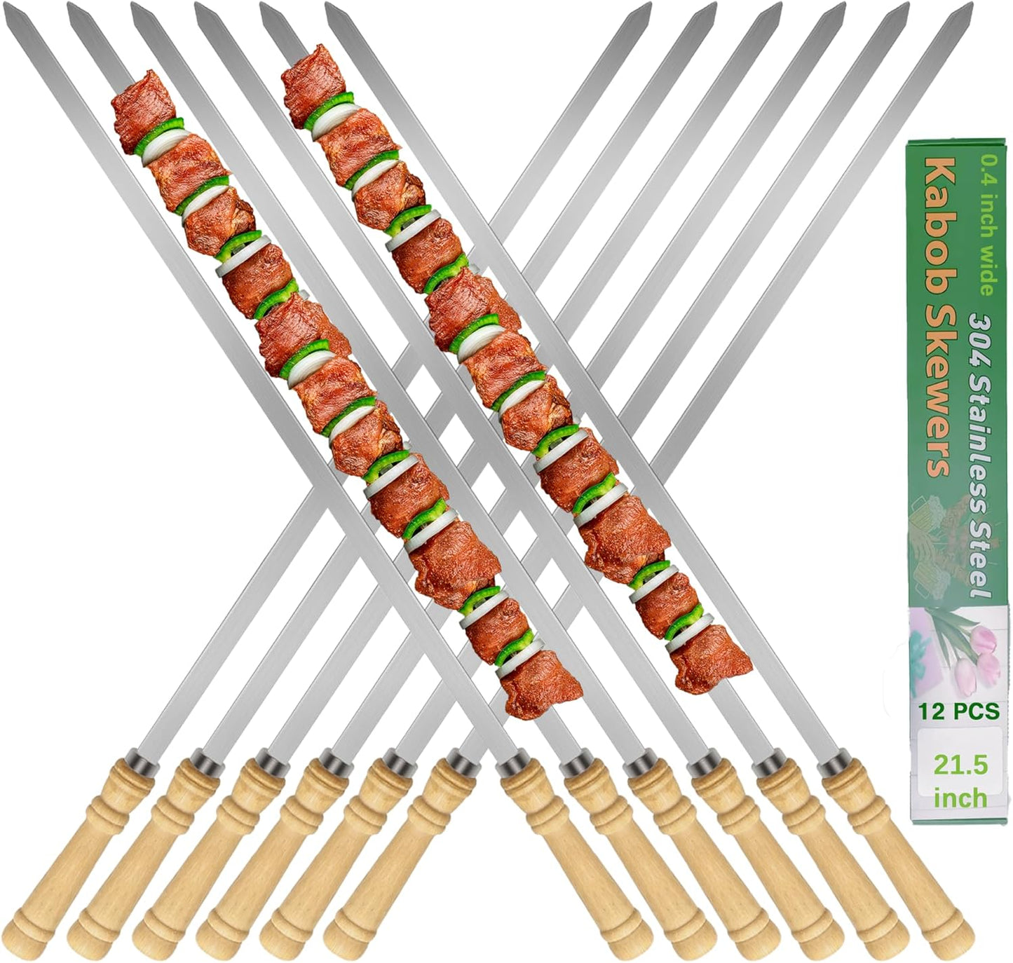 21.5 inch Long Flat Skewers for Kabobs (12 PCS),0.4" Wide 304 Stainless Steel Barbecue Kebab Skewers for Grilling with Wood Handle,Durable for BBQ Metal Kabob Skewer Sticks for Outdoor