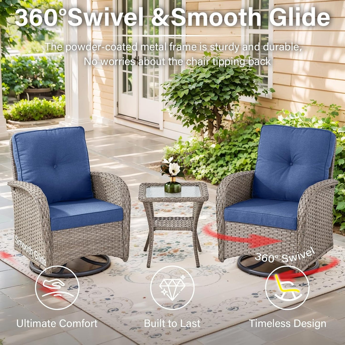 5 Pieces Wicker Patio Furniture Set - Swivel Rocker Outdoor Chairs with Ottomans and Side Table, Small Patio Conversation Set for Porch Deck Backyard
