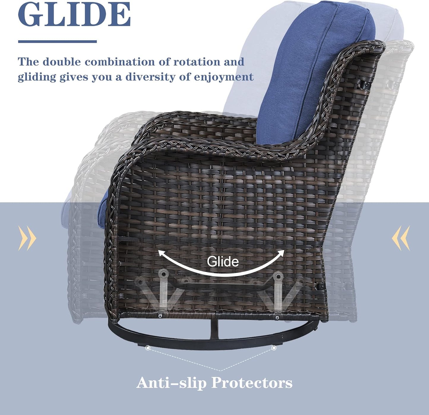 Outdoor Sectional Sofa Furniture Set with 50000BTU Propane Fire Pit Table, Wicker Patio Conversation Set with 2 Swivel Glider Rocker Chairs Blue Cushion Perfect for Backyard Casual Gathering