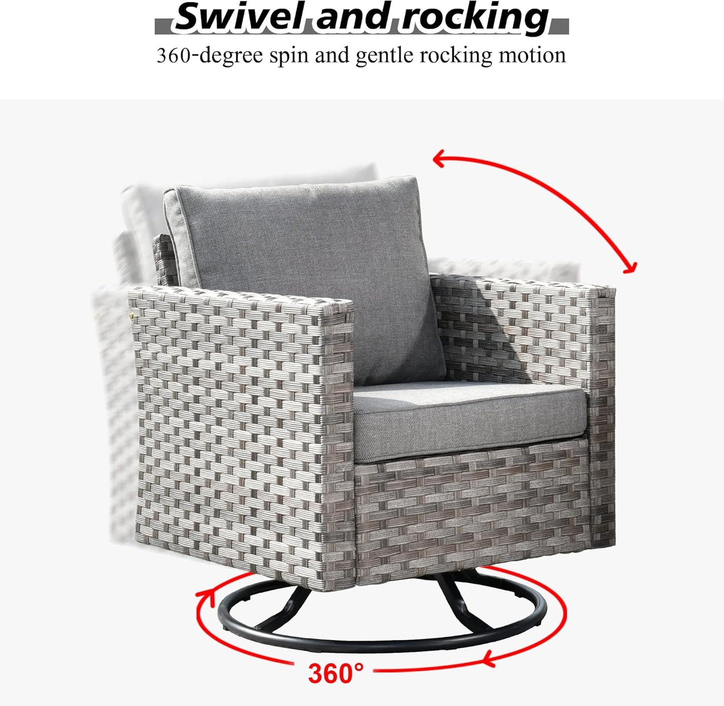 HOOOWOOO 9 Piece Modular Patio Outdoor Sectional Furniture Set with Large Propane Fire Pit Table,Wicker Conversation Sofa Set with Swivel Chairs,Outside Couch Set(Dark Grey)