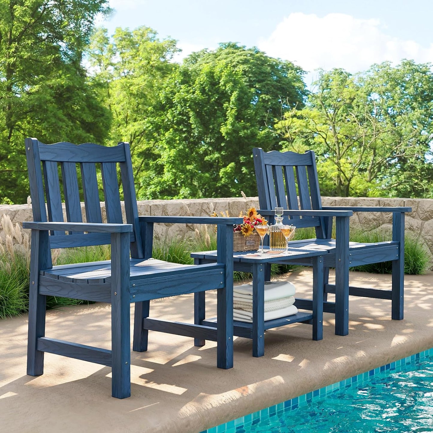 Stoog 3-Piece All-Weather Garden Chairs Set of 2 with Table, Patio Furniture Sets, Include 2 Garden Chairs and 1 Side Table, for Porch, Backyard, Lawn & Dining, Blue