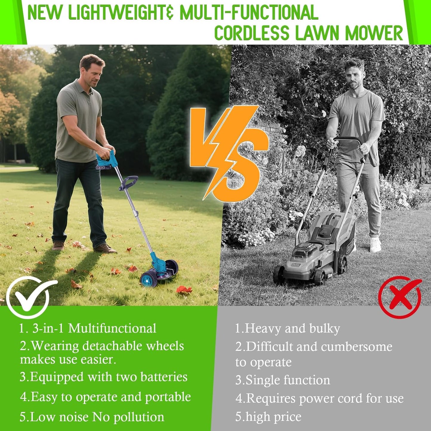 Weed Wacker Cordless Adjustable Weed Eaters 3 in 1 Electric String Trimmer Lawn with Two Battery with Charger Comes with Multiple Blades for Yard,Green,Garden(Blue)