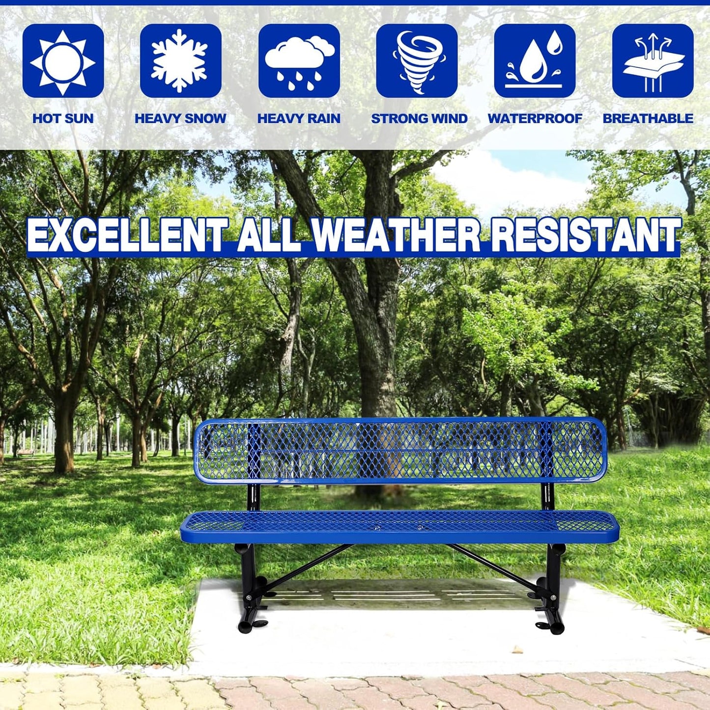 Drexo 6FT Heavy Duty Park Bench with Back Portable Frame, Outdoor Metal Park Bench with Backrest, Steel Mesh Outdoor Bench for Garden, Lawn, Patio, Porch, Park, Yard, Blue