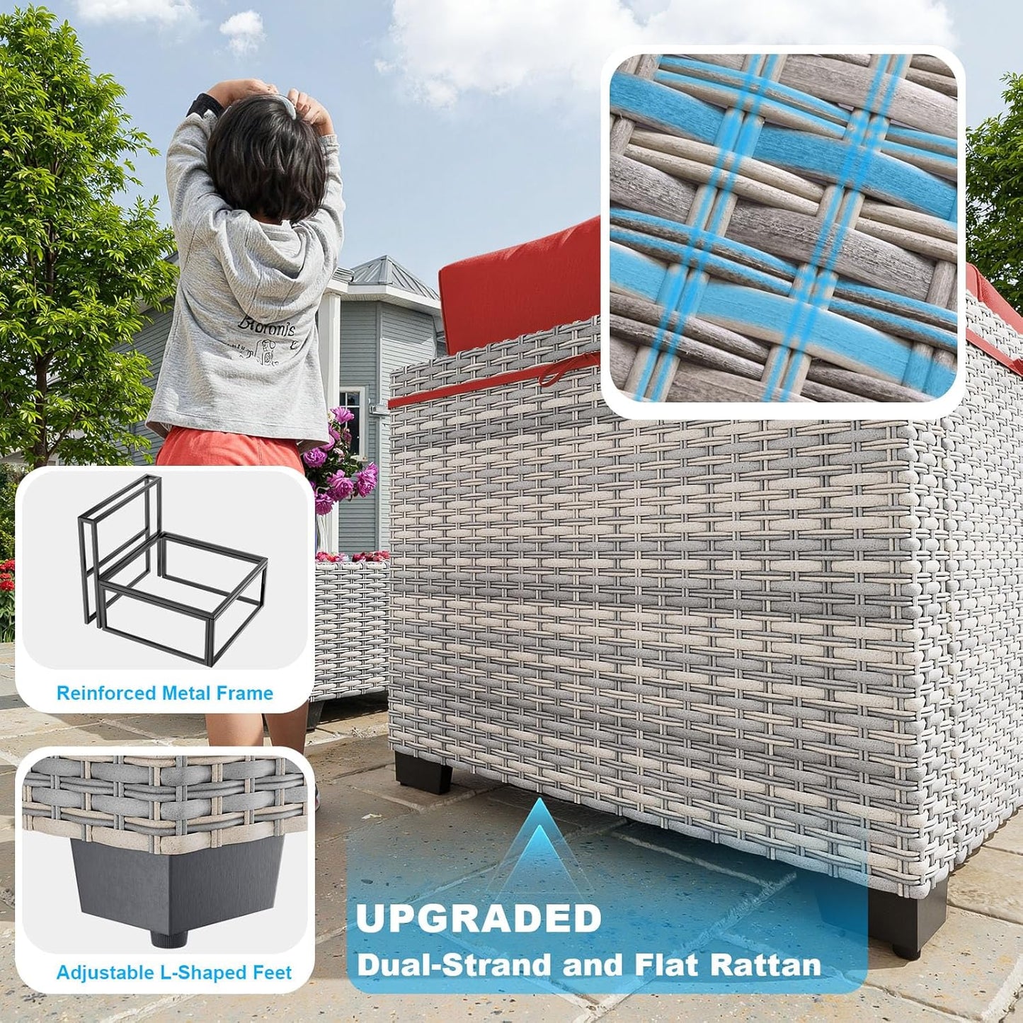 14-Piece Patio Furniture Set, Outdoor Sectional with Thick Cushions, Modular Patio Sofa, Dual-Strand Wicker Rattan, Rust-Resistant Frame, Backyard Furniture for Garden, Deck, Red