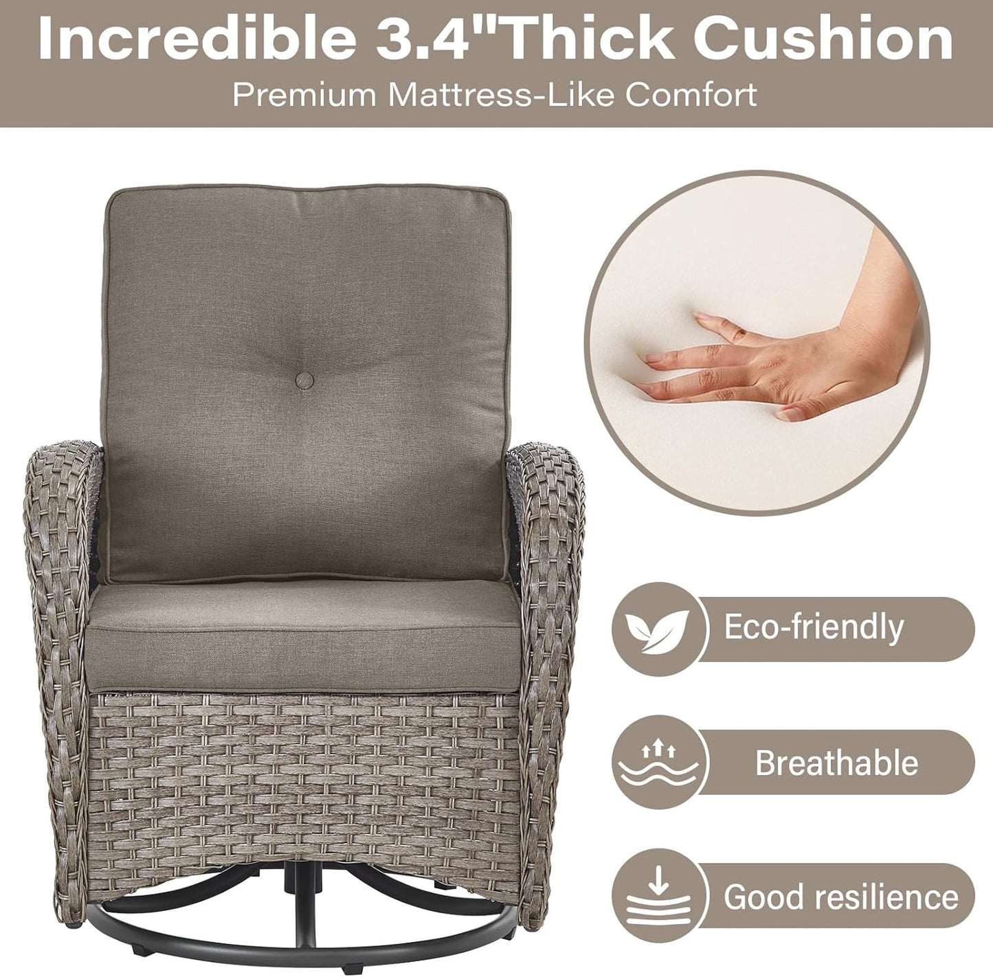 7-Piece Modern Gray Wicker Patio Conversation Set - 4 Swivel Glider Chairs & 50,000 BTU Propane Fire Table