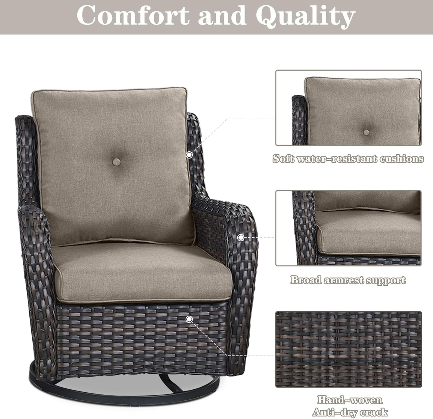4 Pieces Patio Furniture Sets, Wicker Patio Swivel Glider Chair with Ottomans, Outdoor Furniture Set for Outside Porch, Deck, Balcony, Garden