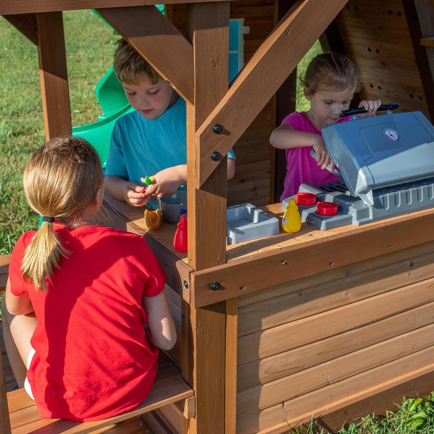 Backyard Discovery Cedar Cove Cedar Wood Swing Set with Spiral Tube Slide, Wave Slide, Clubhouse, Toy Grill, Snack Bar, Rock Wall, Belt Swings, Web Swing, Balcony, Chalkboard, Ladder, Outdoor Playset