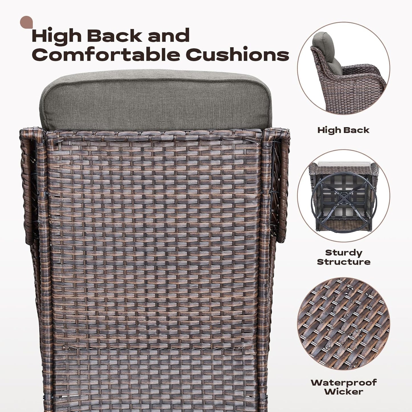 4 Piece Outdoor Patio Swivel Rocker Chairs, Waterproof Wicker, High Back, Deep Seating, Wide Armrest, Upgraded 6 inch Thick Cushions, Ideal for Deck Porch Backyard, Brown/Grey