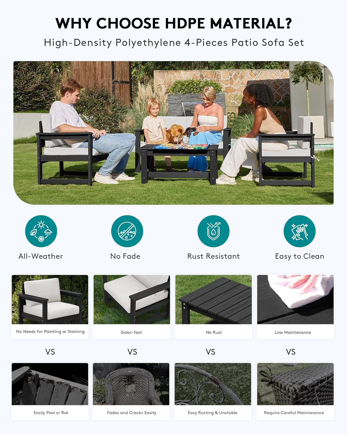 SERWALL 4-Piece Outdoor Patio Sofa Set, HDPE All-Weather Loveseat Sofa with Cushions & Coffee Table, Black Frame & Khaki Cushions