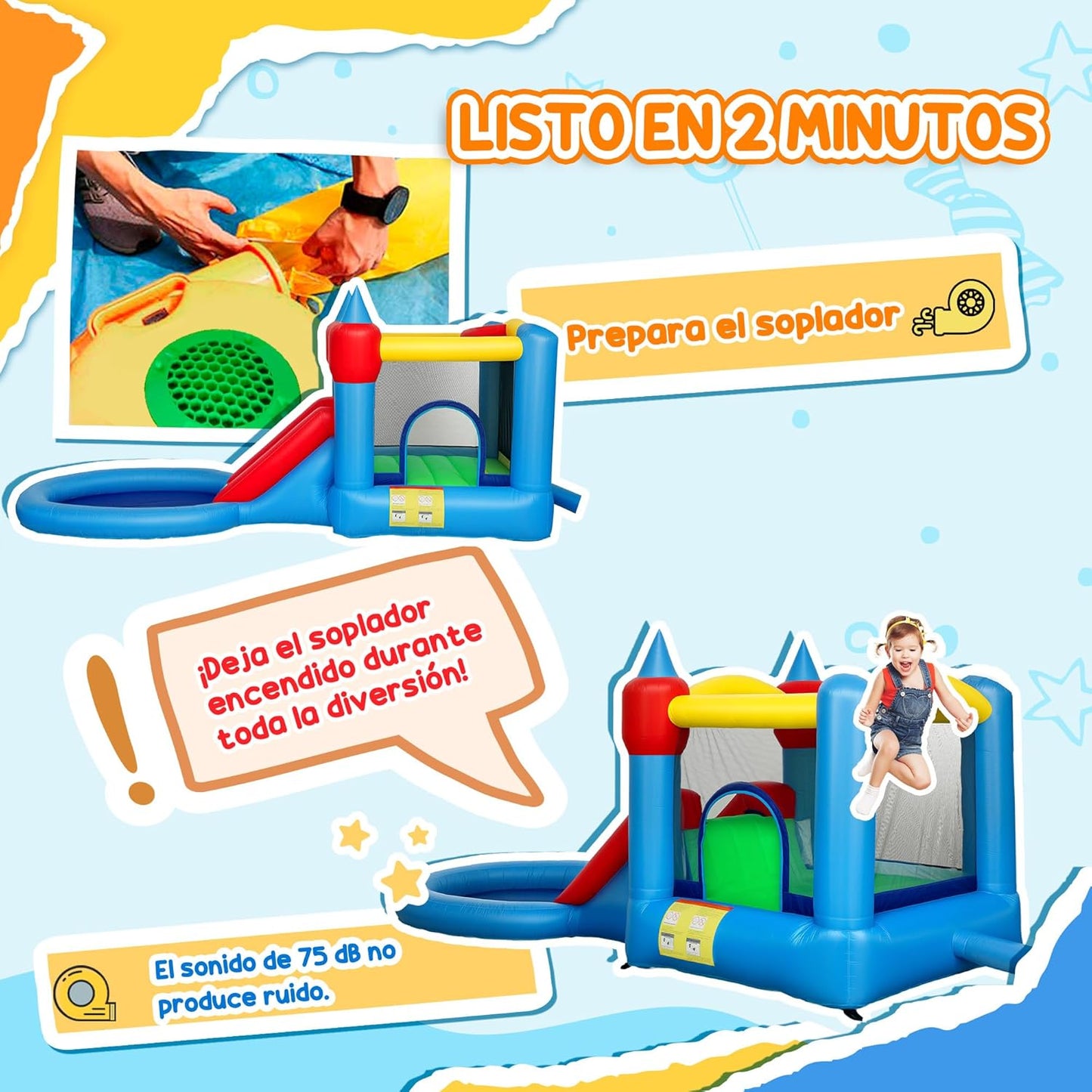 Qaba Inflatable Bounce House, 4 in 1 Bouncy Castle with Slide, Basketball Hoop, Ball Pit, 370W Blower, Storage Bag, for Outdoor and Indoor Party, Kids Backyard Play Toys, 163" x 81" x 75"