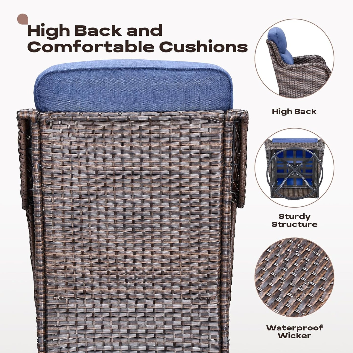Outdoor Patio Swivel Rocker Chairs Set of 2, Waterproof Wicker, High Back, Deep Seating, Wide Armrest, Upgraded 6 inch Thick Cushions, Ideal for Deck Porch Backyard, Brown/Blue