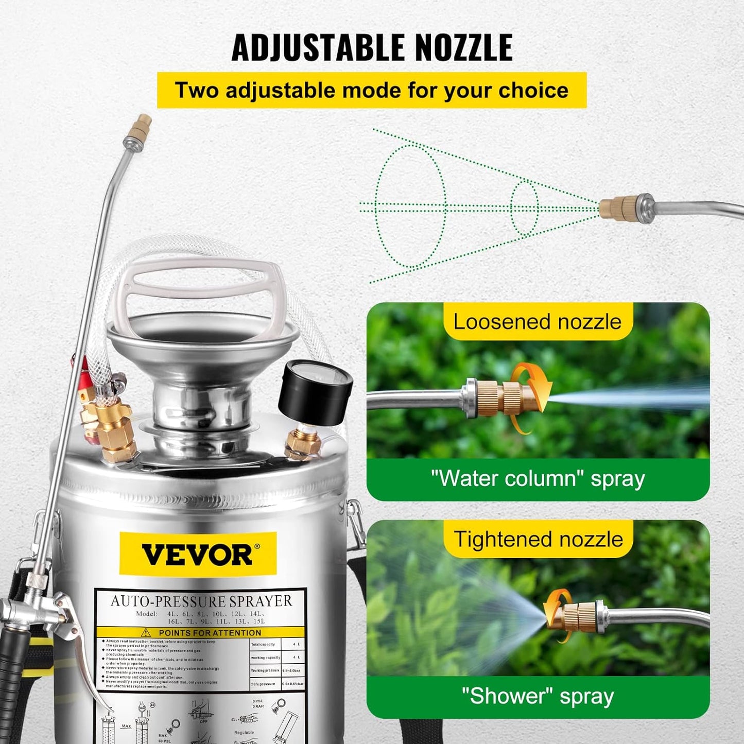 Happybuy 1 Gallon Stainless Steel Pump Sprayer, 12" Wand & 3FT Reinforced Hose, Pressure Gauge, Safety Valve & Adjustable Nozzle, Garden Weed Sprayer for Lawn, Gardening, Sanitizing