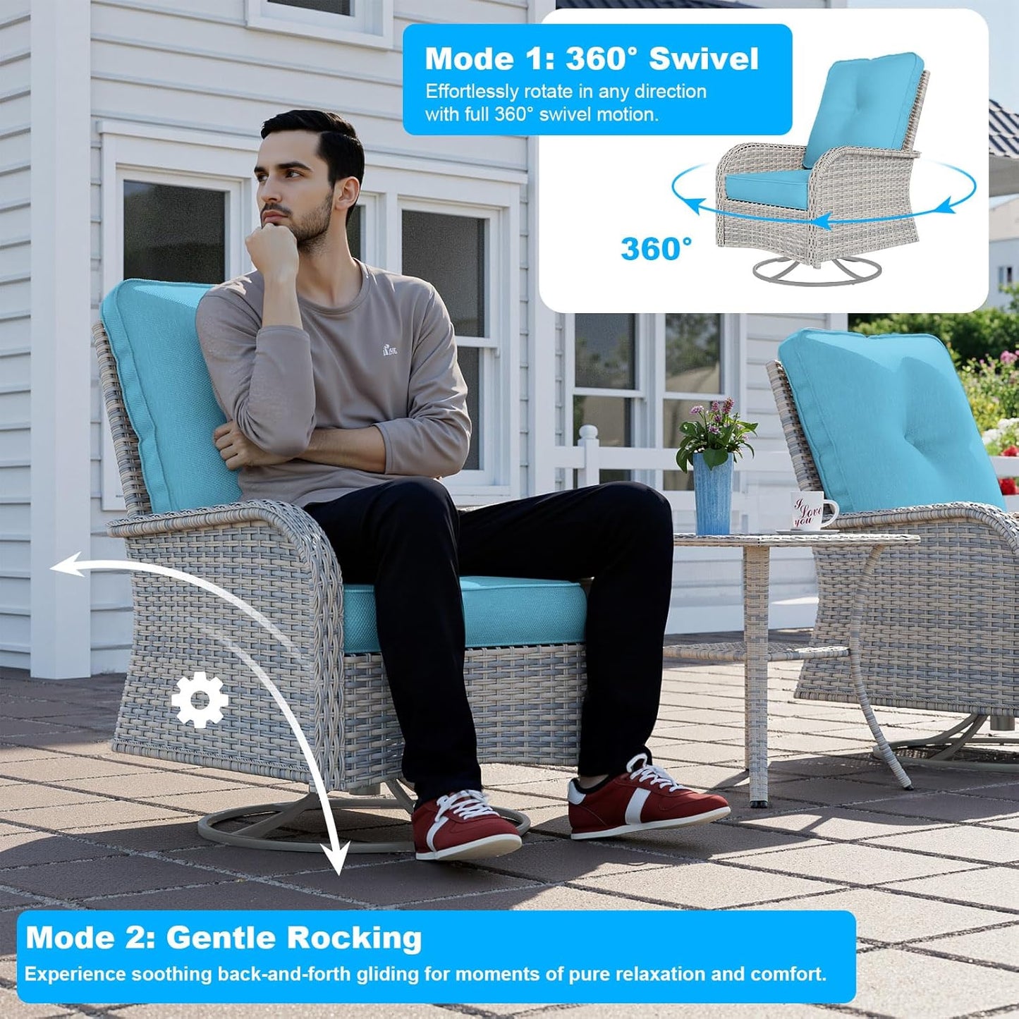 18-Piece Patio Furniture Set, Outdoor Patio Furniture with 55,000 BTU Fire Pit Table, Swivel Chairs Set, Thick Cushions, Modular Patio Sofa, Dual-Strand Wicker Rattan, Rust-Resistant Frame,Lake Blue