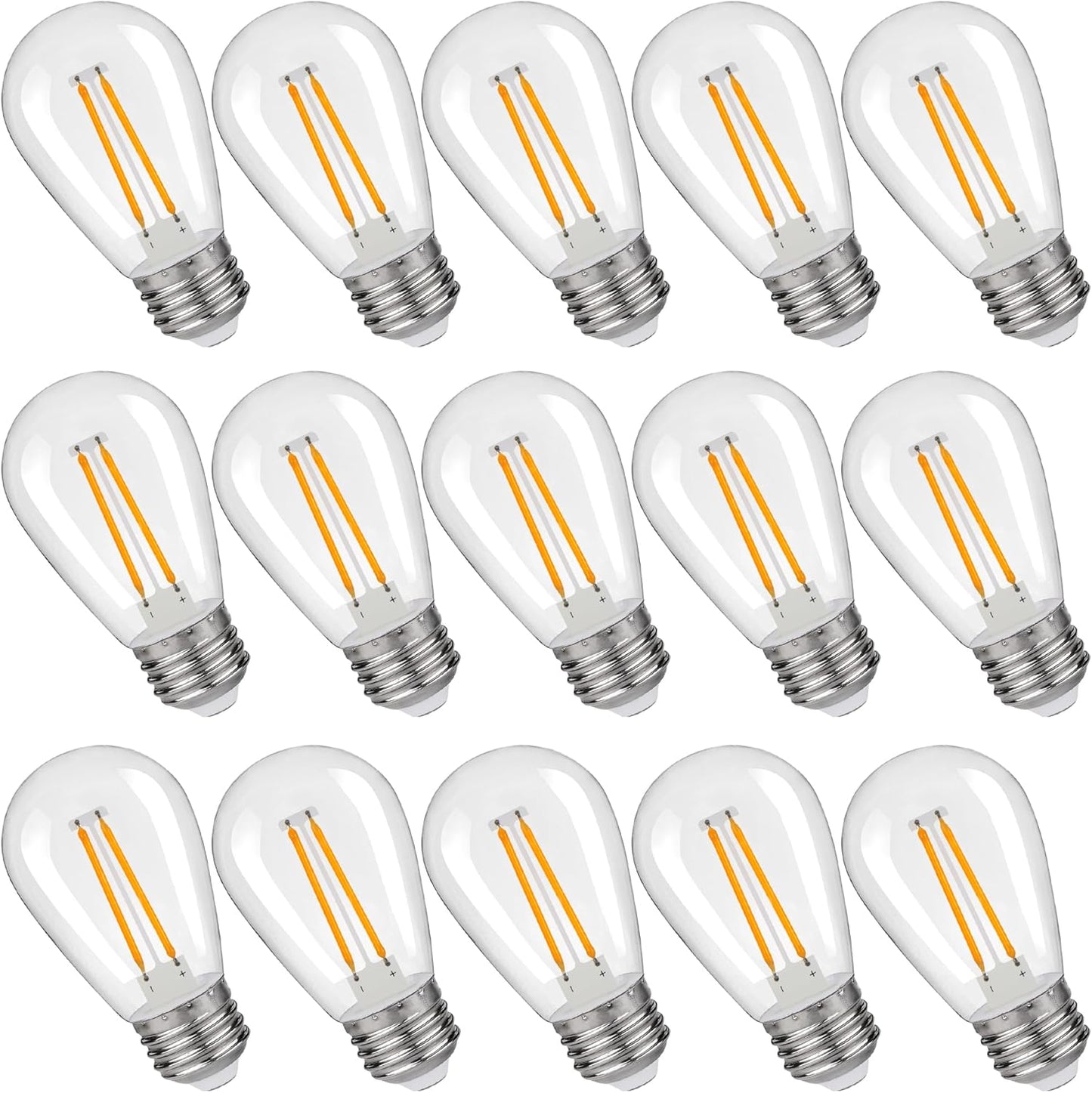 S14 Replacement LED Light Bulbs, Shatterproof & Waterproof 2W S14 Edison LED Bulbs, Outdoor String Lights, E26 Base Patio Lights, Warm White 2200K Plastic 150ML Non-Dimmable 15 Pack
