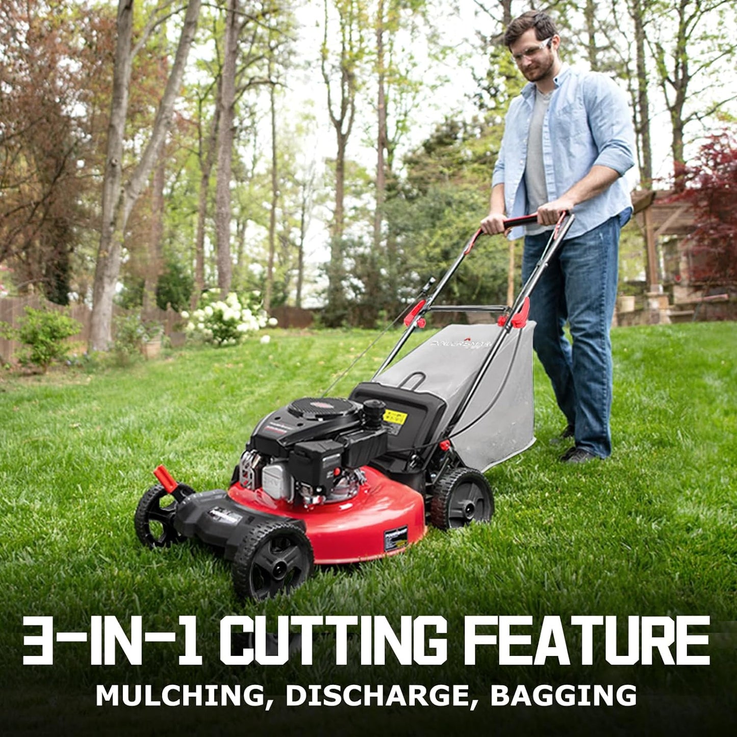 PowerSmart Gas Lawn Mower 21-Inch 144cc OHV Engine 3-in-1 Push Mower with Bagging