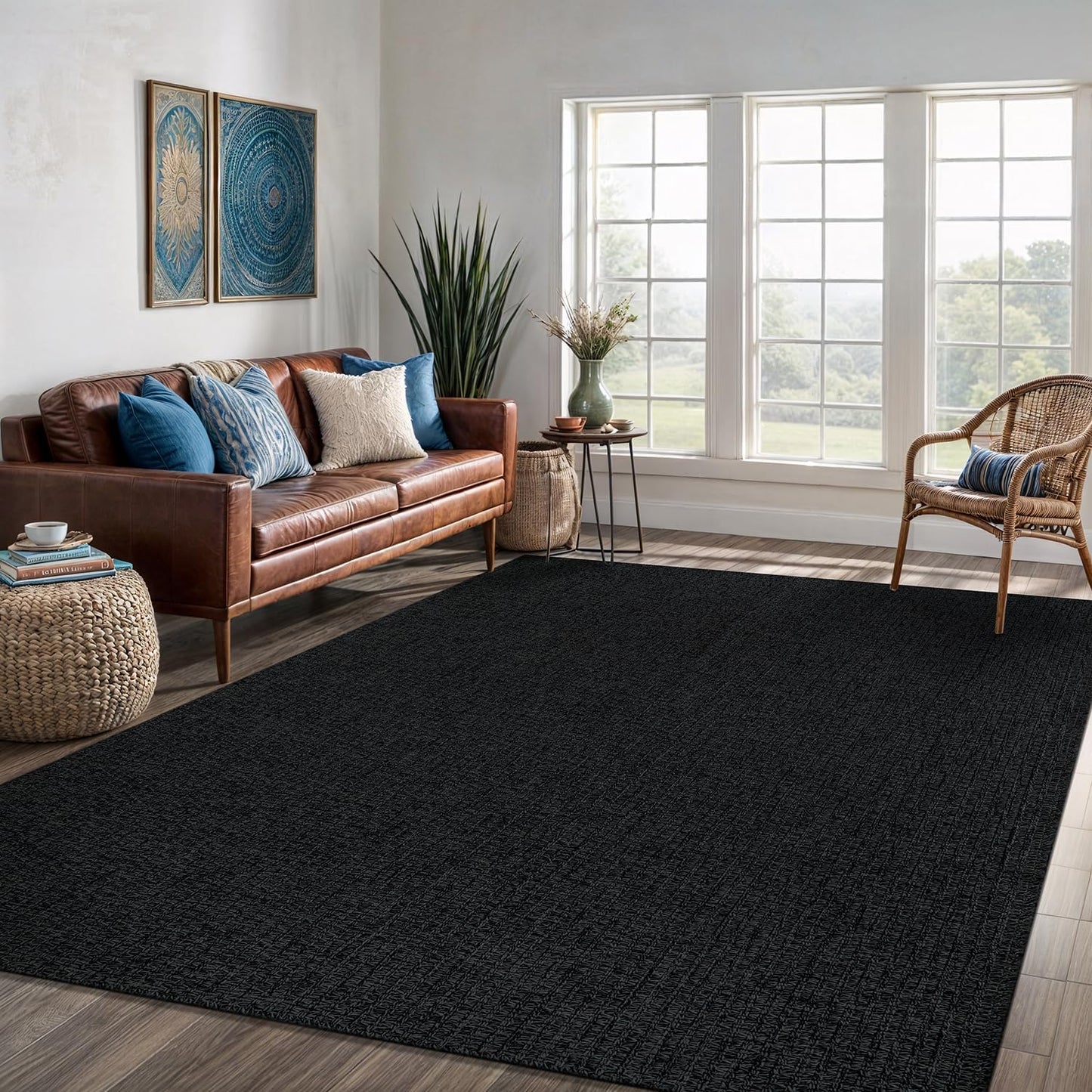 Easy Jute Rug 5x7 Indoor Outdoor Natural Rugs Solid Fiber Rug Woven Area Rug Boho Easy Clean Inside Carpet for Living Room Bedroom Dining Room Hallway or Outdoor Patio Porch (5 X 7 Dark Grey)