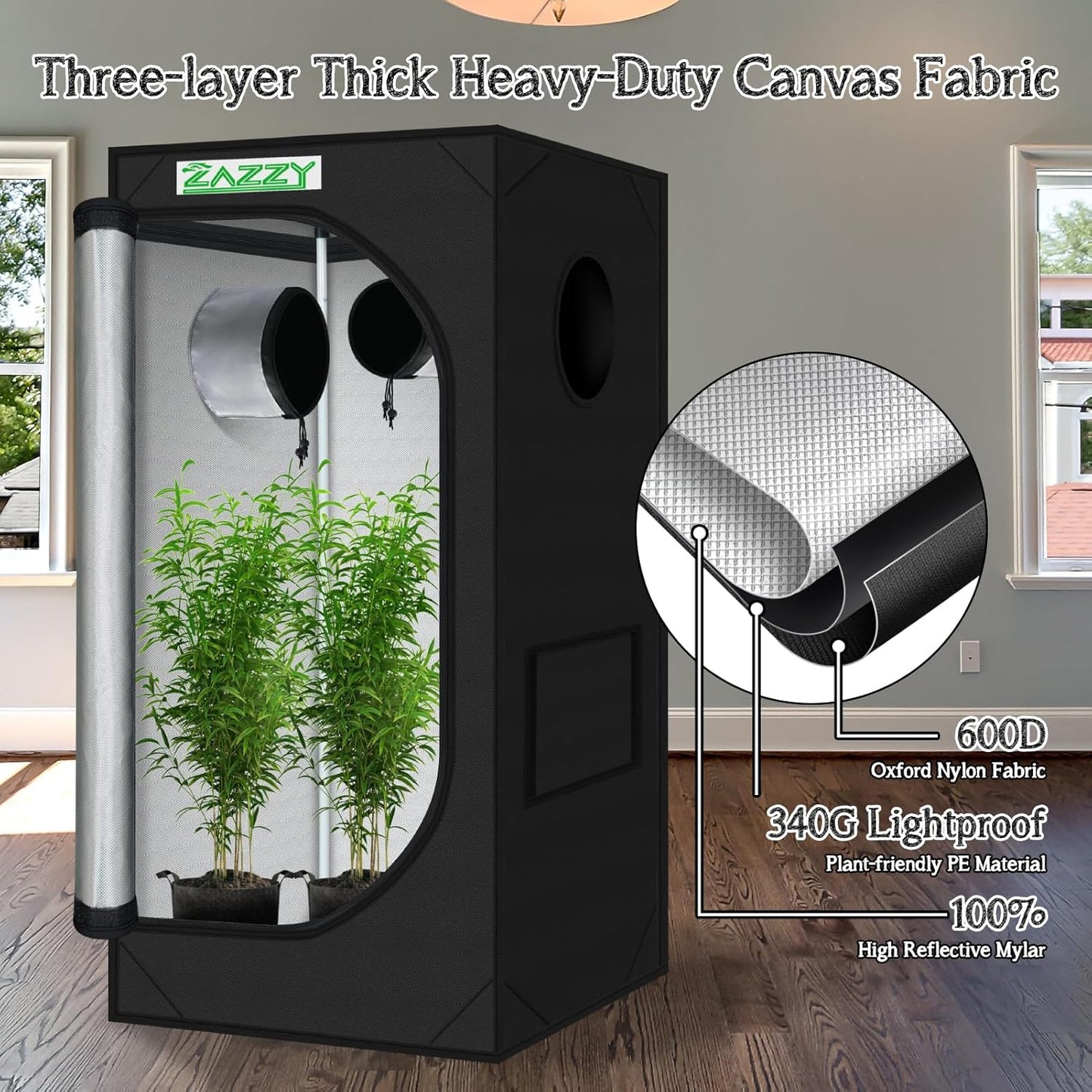 zazzy 2x2 Grow Tent 24"x24"x48"600D Mylar Hydroponic Indoor Plant Grow Tents with Observation Window, Tool Bag and Removable Waterproof Floor Tray for Plants