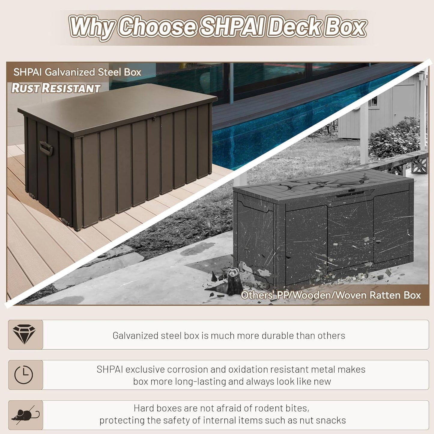 190 Gallon Metal Deck Box, Waterproof Steel Outdoor Box, Large Patio Furniture Storage Cabinet, Lockable Storage Bench for Porch Package Delivery, Pillows, Cushions, Pool, Tools, Backyard, Brown