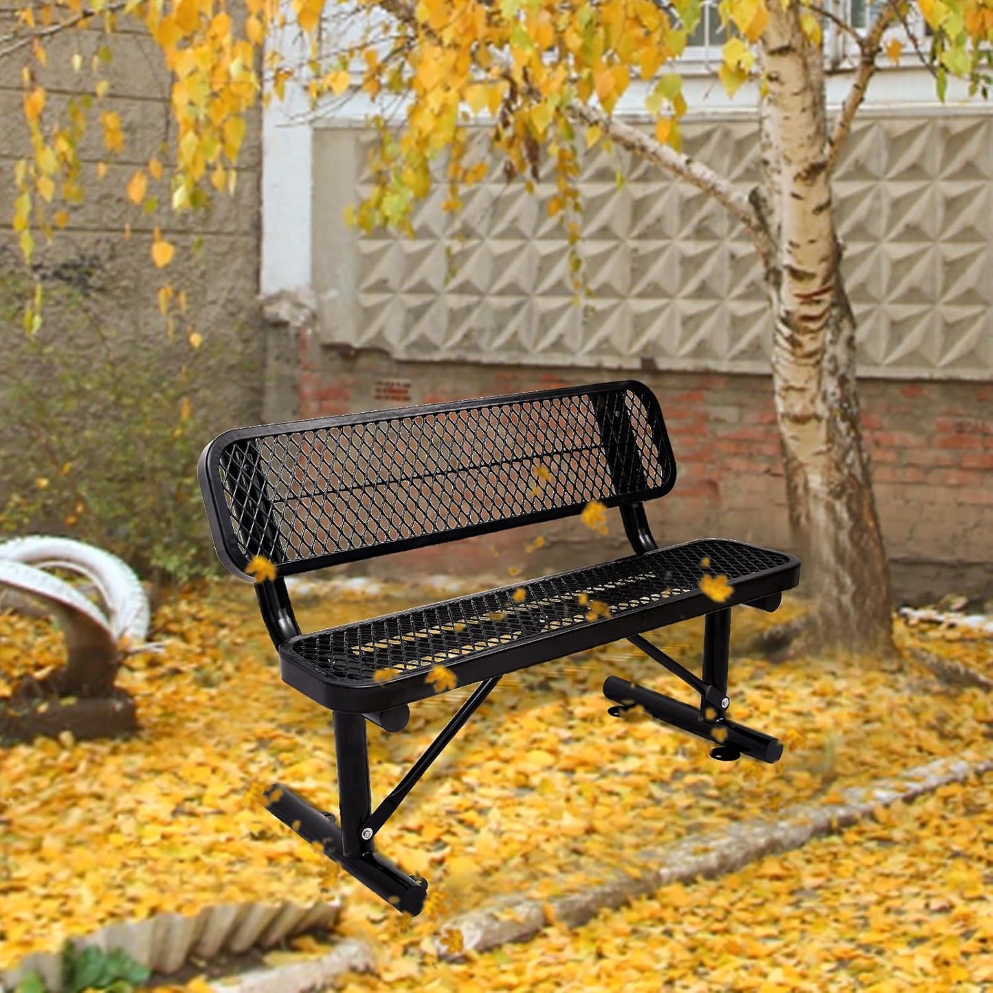 4Ft Outdoor Bench with Back Portable Frame, Outdoor Steel Park Bench with Backrest, Expanded Metal Mesh Bench for Outside, Lawn, Backyard, Park, Deck, Garden, Patio, Porch, Black