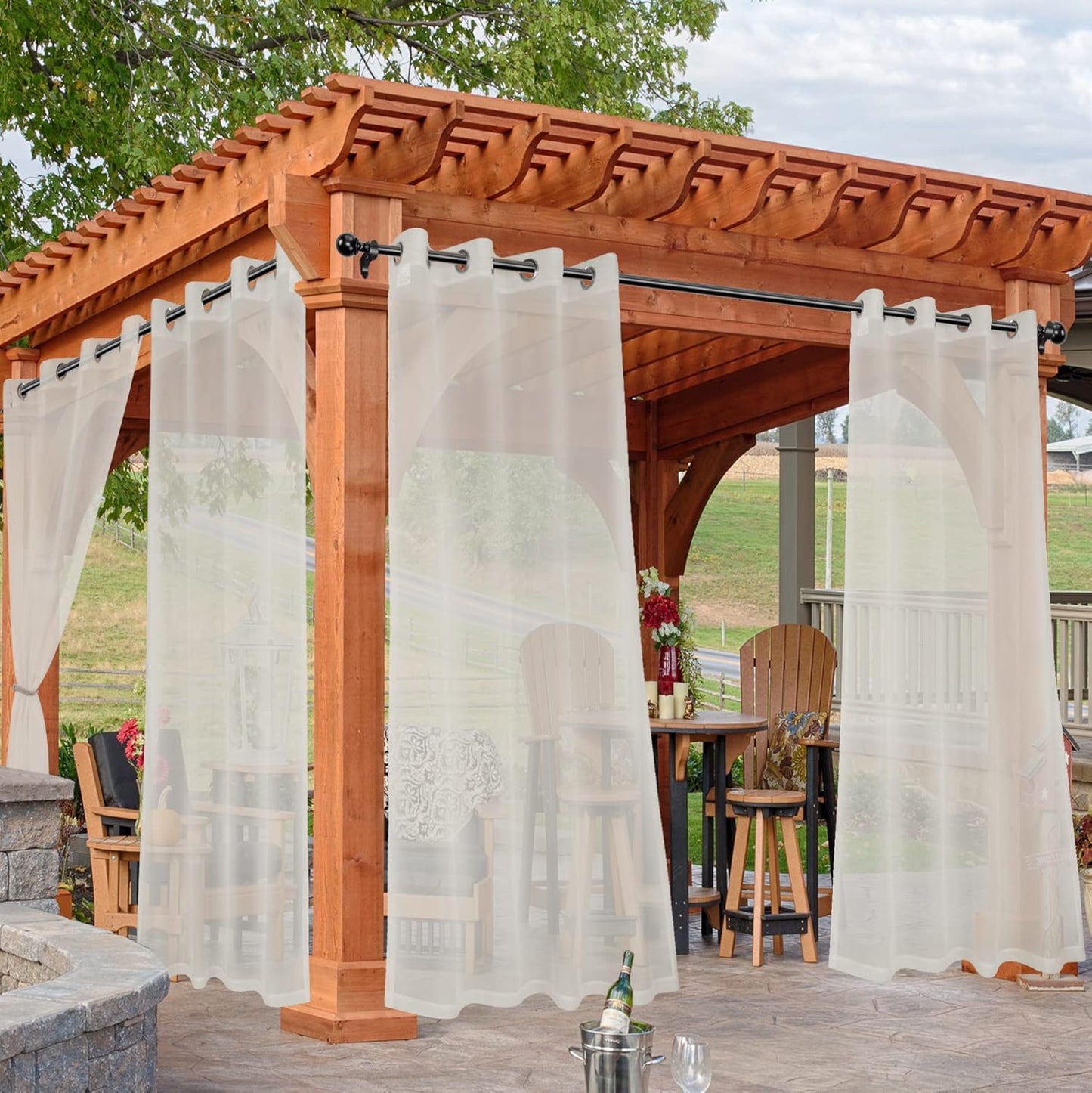 HolidayIdeas Beige Outdoor Sheer Curtains for Patio Waterproof, 2 Panels - 54 x 120 Inch - Light Filtering Voile Outside Curtains Grommet Drapes for Front Porch, Gazebo, Pergola, Backyard