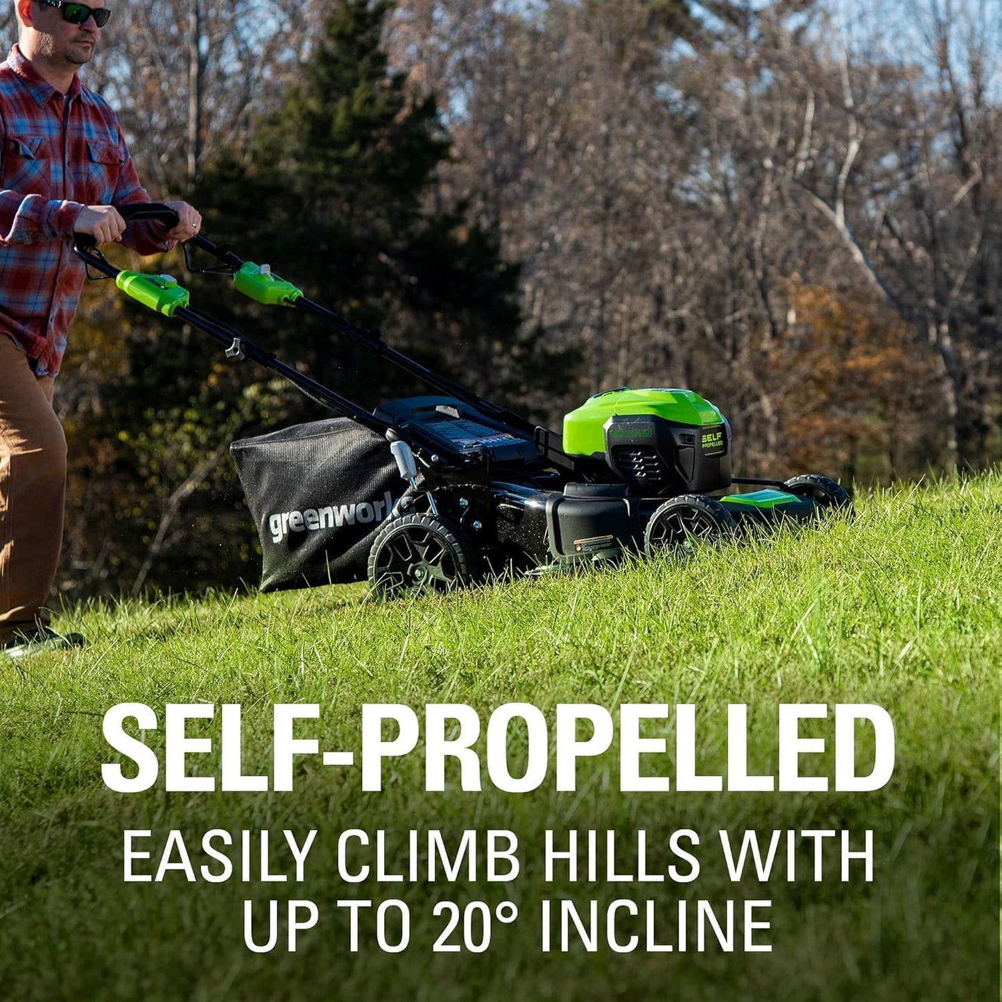 Greenworks 40V 21" Self-Propelled Lawn Mower,Axial Leaf Blower(500 CFM / 120 MPH),13" String Trimmer, 160 PSI Portable Tire Inflator, Includes 2 Batteries(5Ah+2Ah) & Chargers