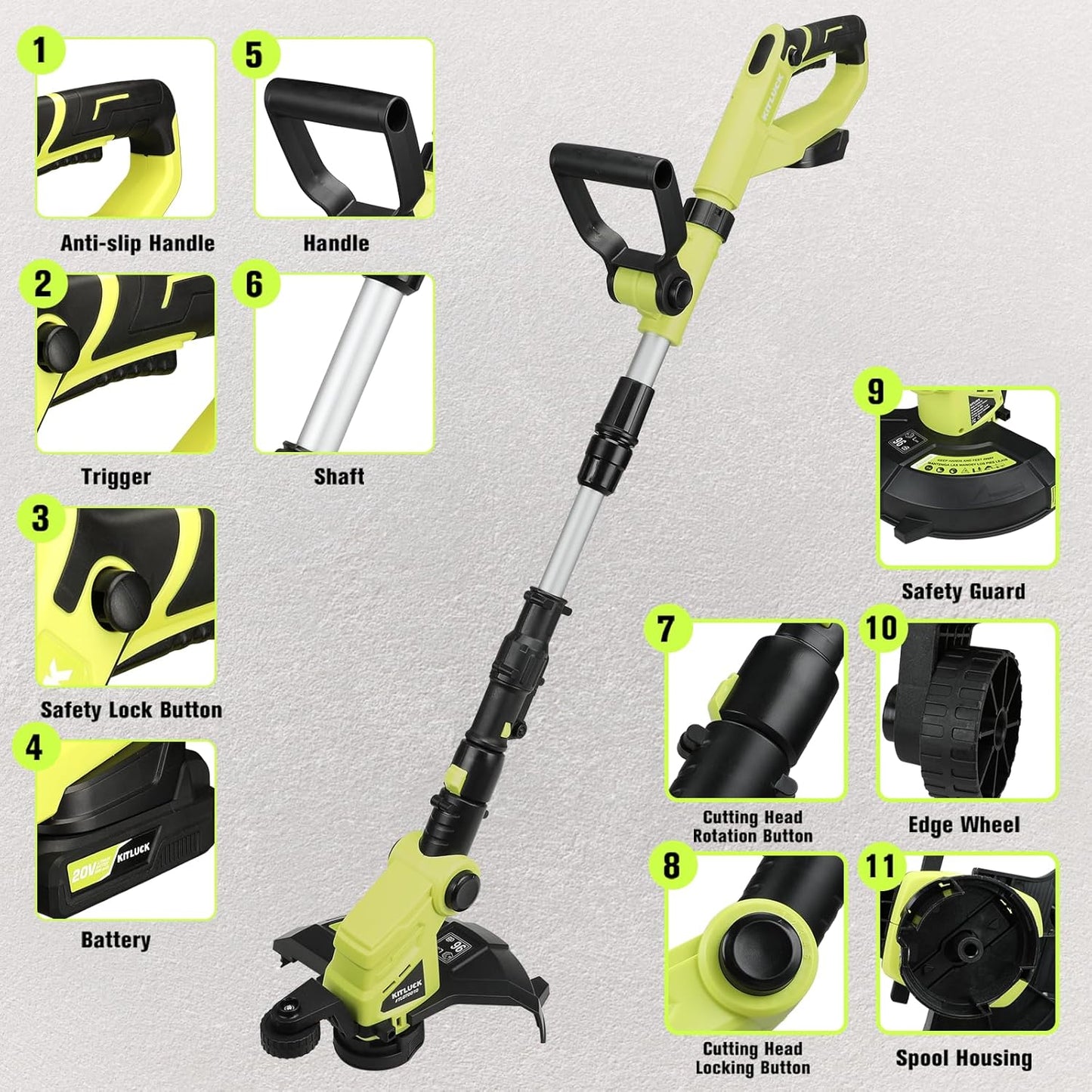 KITLUCK 20V Cordless Grass Trimmer, Electric Lawn Mower Weed Cutter with Auto Line Feed, 12-inch String Trimmer Edger Lawn Tool with 4 PCS Spool Line and 2.0Ah Battery for Lawn Care, Yard, Garden