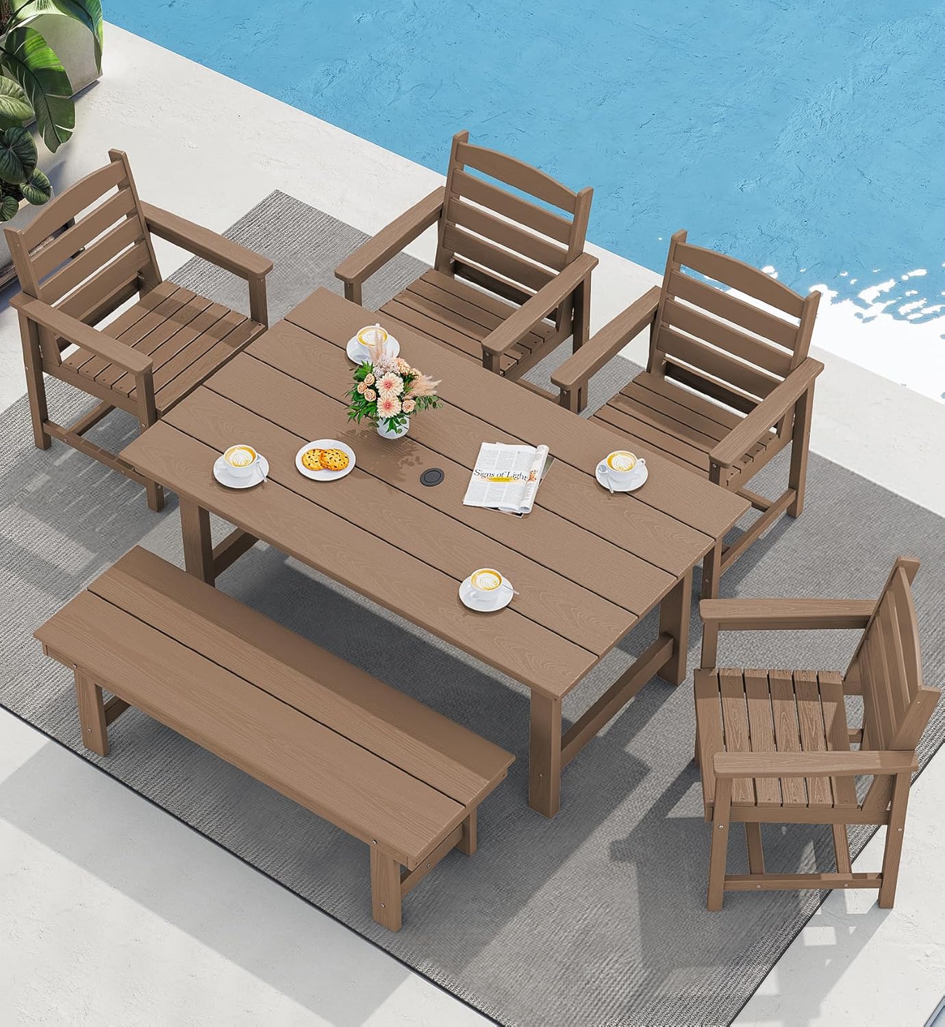 SERWALL 6-Person Outdoor Dining Table - 67" Rectangle HDPE Patio Table with Center Umbrella Hole, Weatherproof, Brown