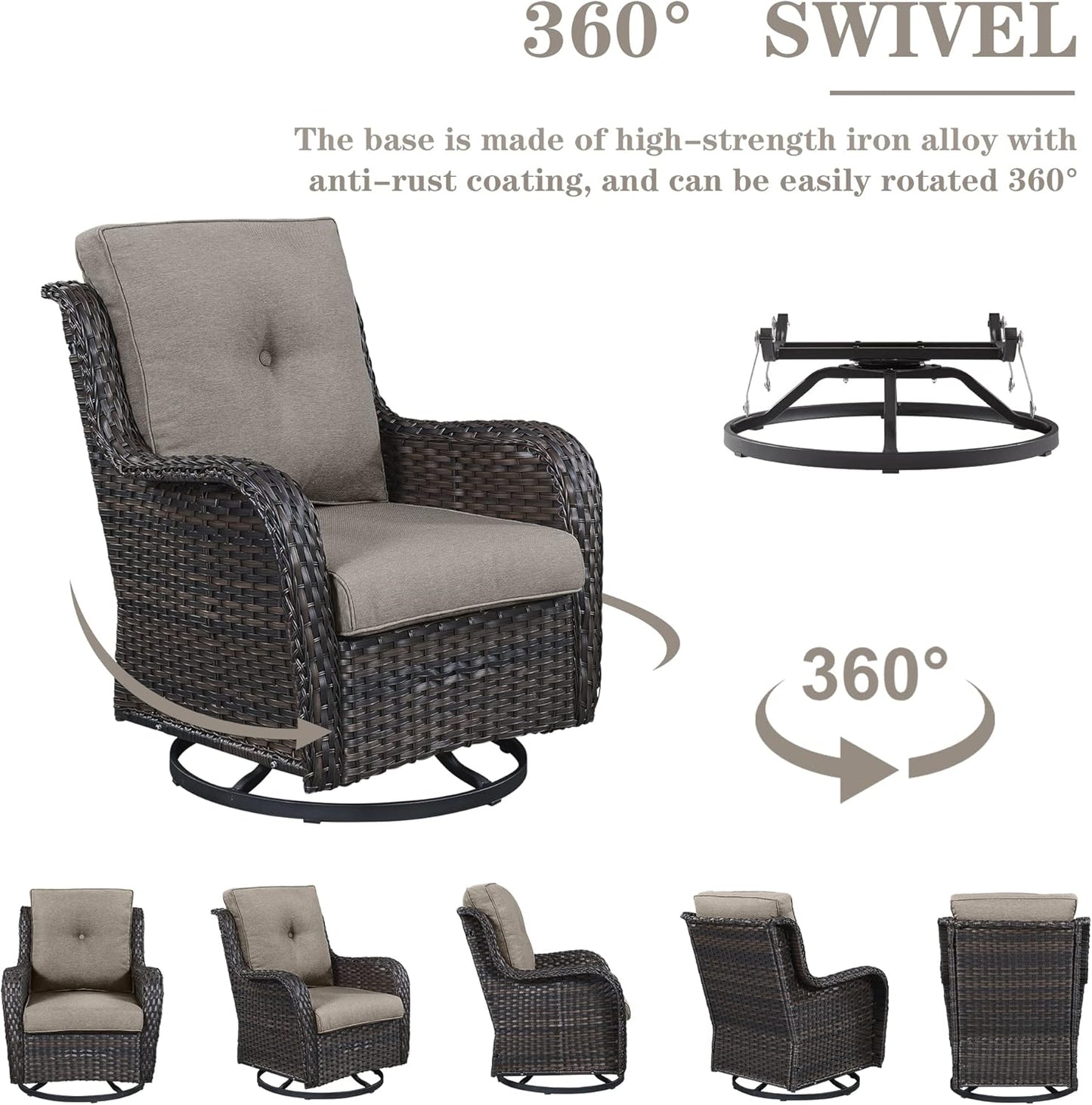Outdoor Sectional Sofa Furniture Set with 50000BTU Propane Fire Pit Table, Wicker Patio Conversation Set with 2 Swivel Glider Rocker Chairs Grey Cushion Perfect for Backyard Casual Gathering