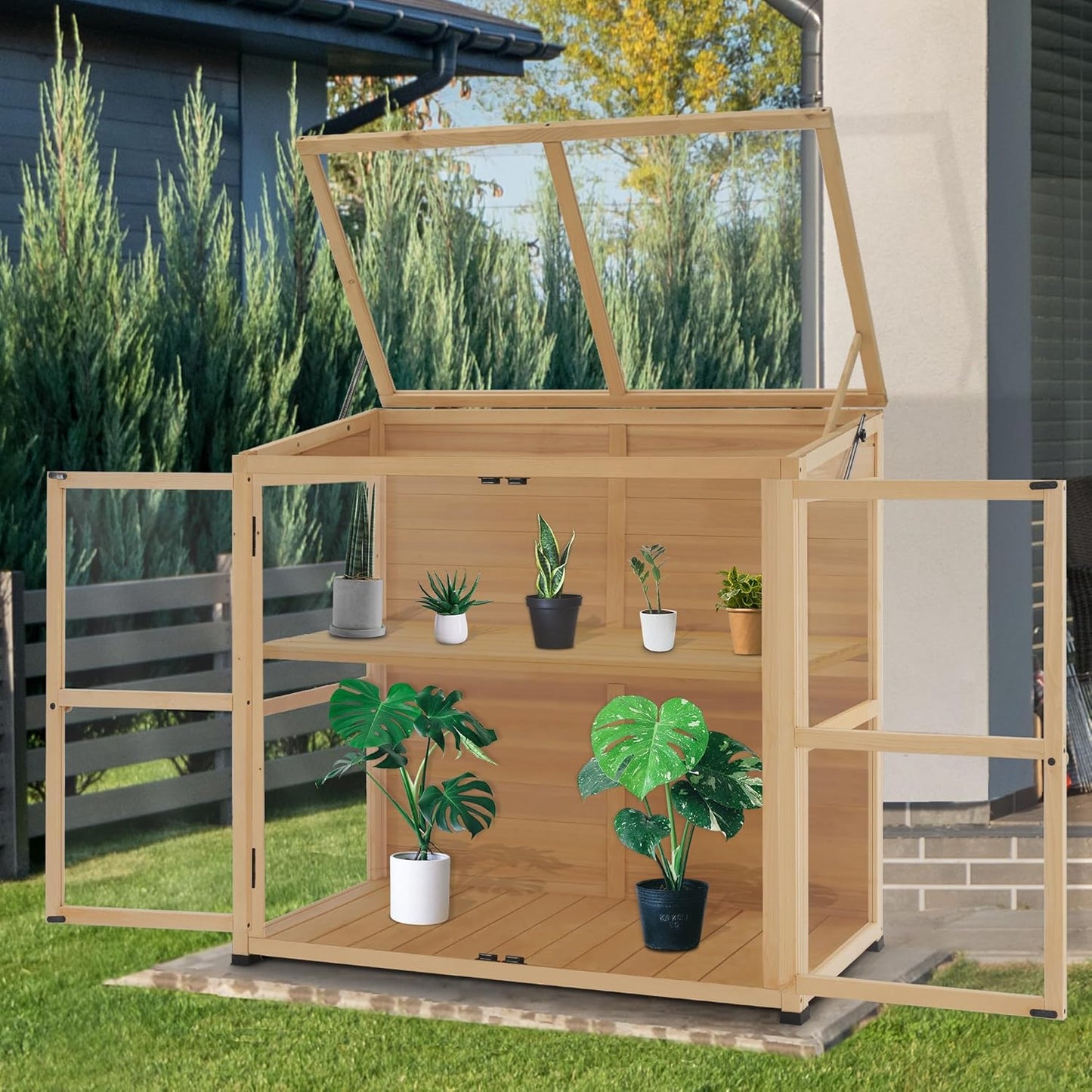 Macrout Wooden Cold Frame Greenhouse Cabinet Kit with Adjustable Shelf and Lockable Door, Fully Transparent Polycarbonate Greenhouse for Outdoor Indoor Use, 0718