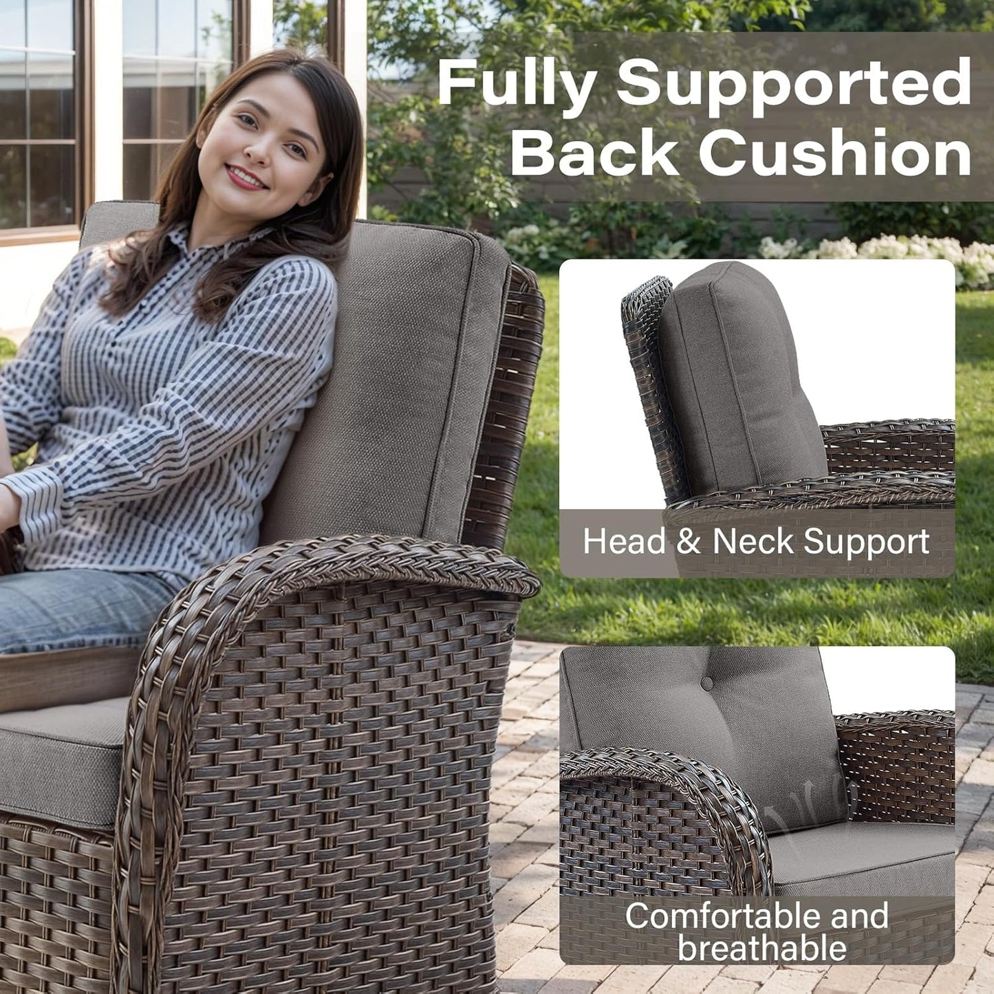 Expansive 10 Pieces Outdoor Patio Furniture Set with 43” Propane Fire Pit Table, Patio Conversation Set with Swivel Rocker Outdoor Chairs Set of 4 and Sofa, Ottoman and Wicker Side Table Brown