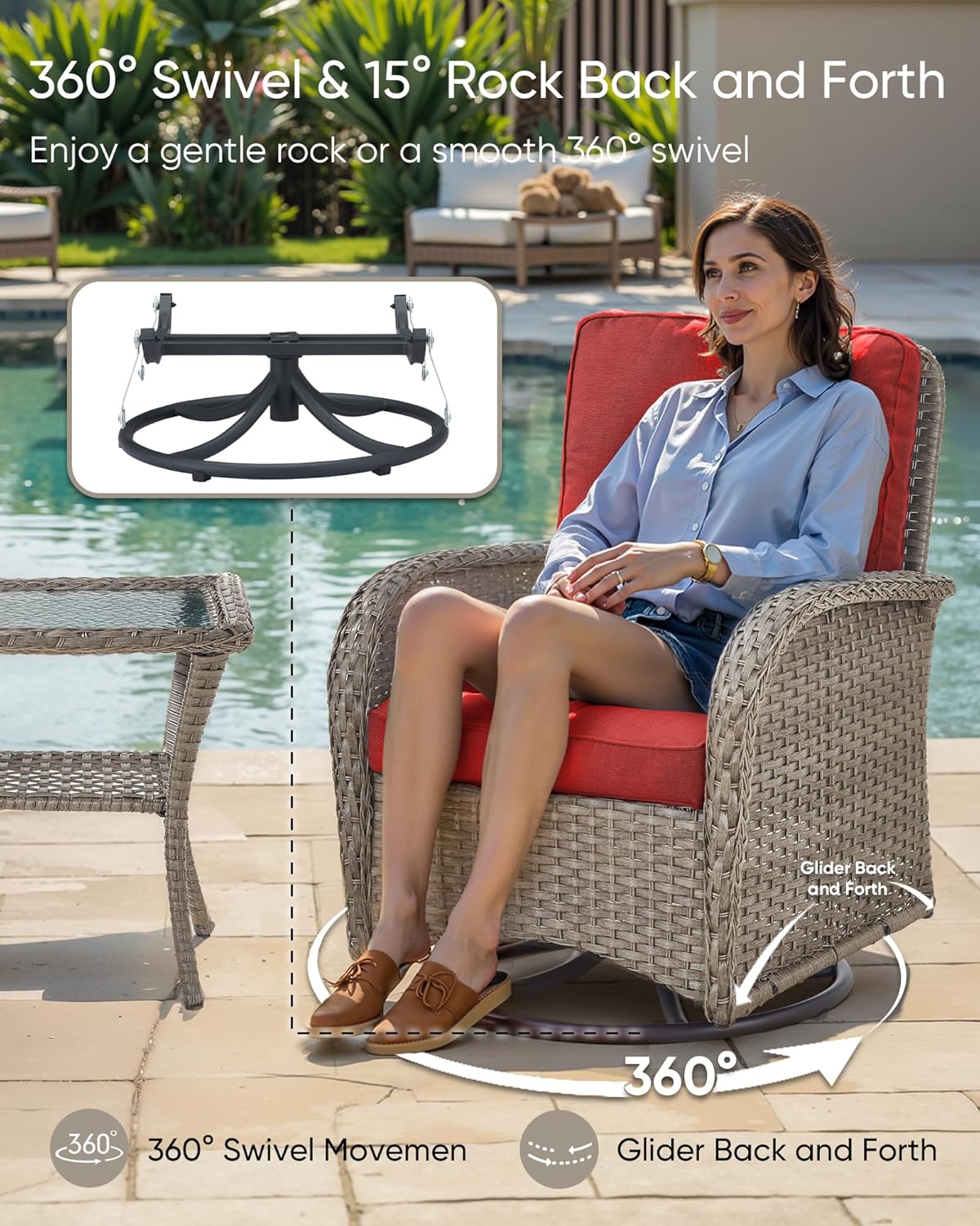 HUMMUH 7 Pieces Wicker Patio Conversation Set Outdoor Glider Loveseat with Patio Swivel Rocking Chairs Outdoor Patio Set for Deck Lawn Porch Balcony Poolside-Grey/Red
