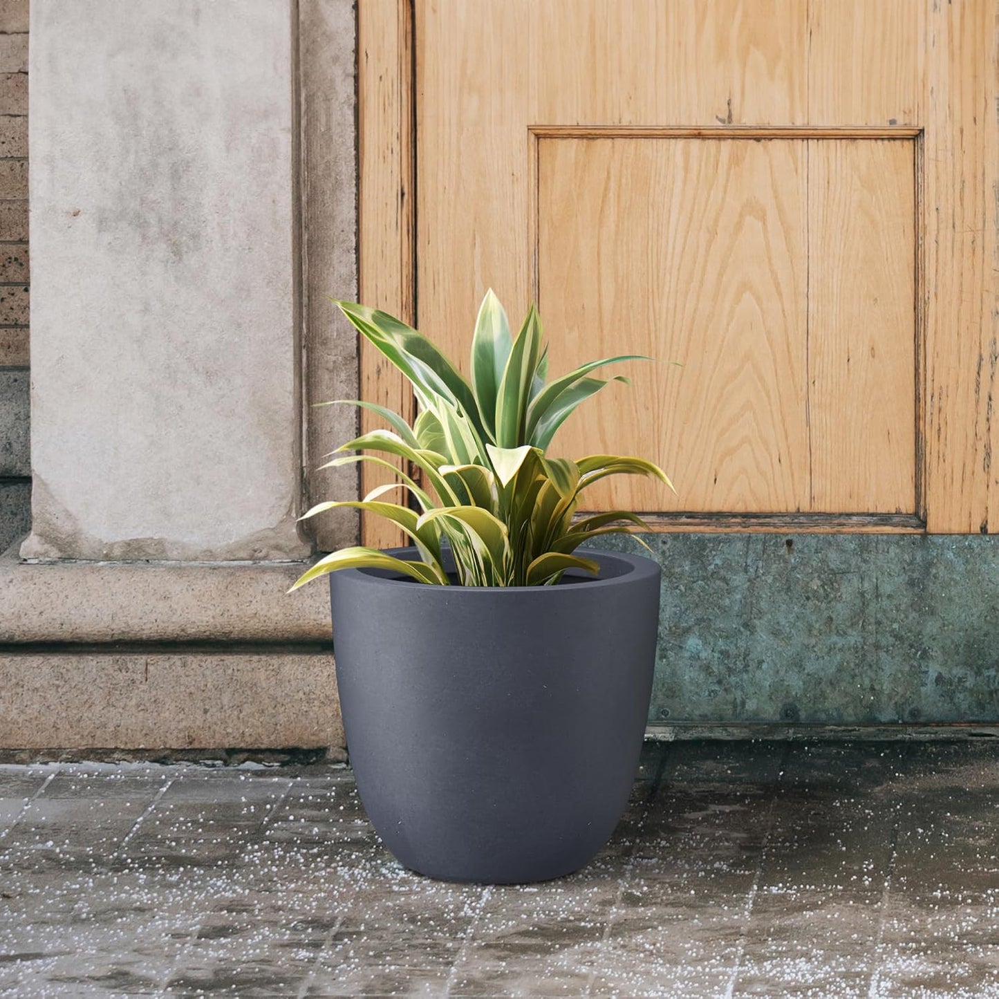 Kante 14 Inch Dia Round Concrete Planter, Indoor Outdoor Large Plant Pot with Drainage Hole and Rubber Plug for Home Patio Garden, Charcoal