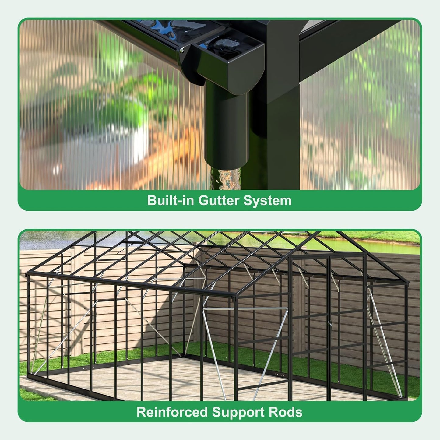 WKM 10x16 FT Greenhouse for Outdoors, Polycarbonate Greenhouse with Roof Vent and Quick Setup Structure, Enhanced Aluminum Greenhouse for Garden Backyard, Black