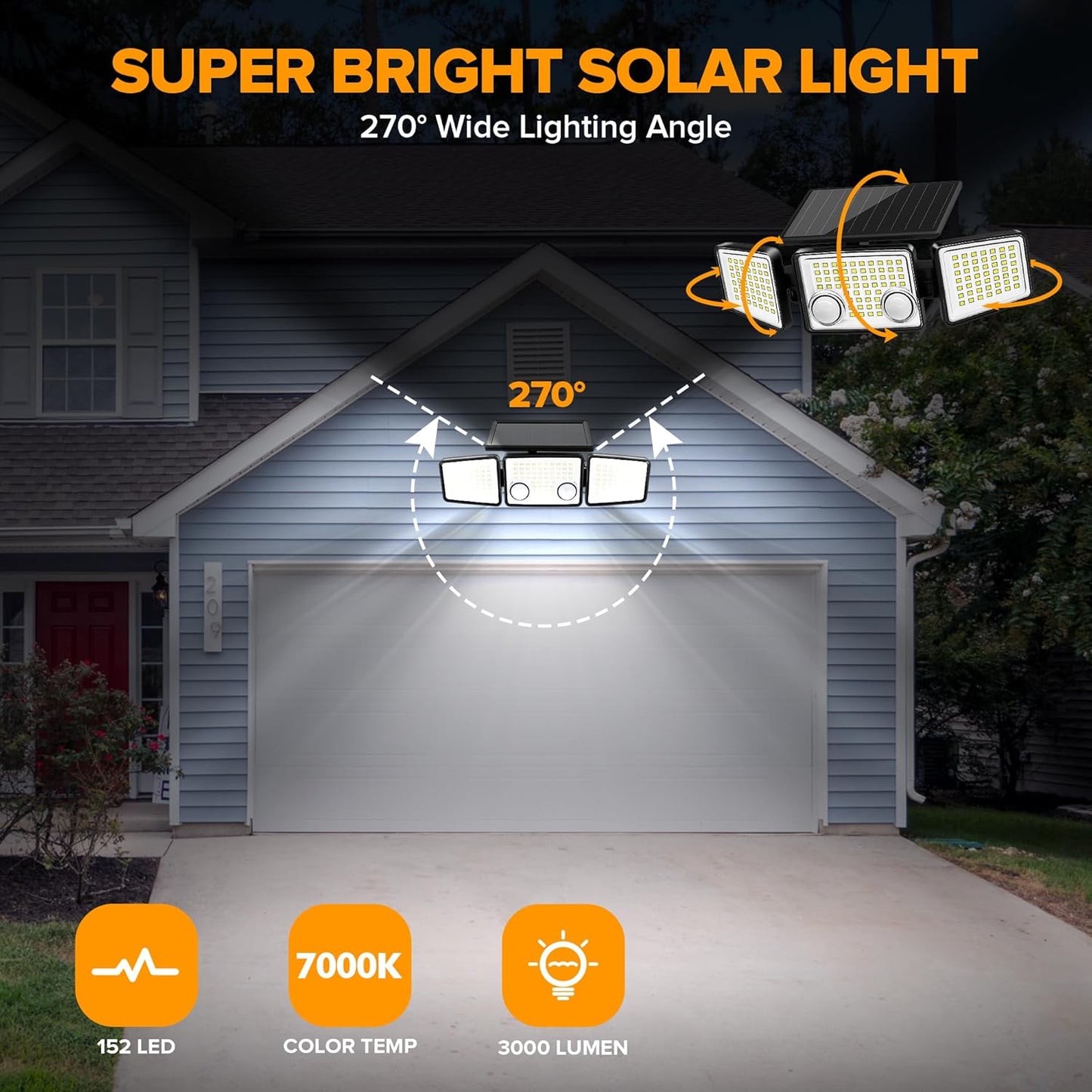 UME Solar Outdoor Lights - 3000 Lumen, 7000K, 152 LED Super Bright Motion Sensor Flood Lights with 2 Sensors, IP65 Waterproof, 270 Wide Angle, 3 Modes for Garden & Patio