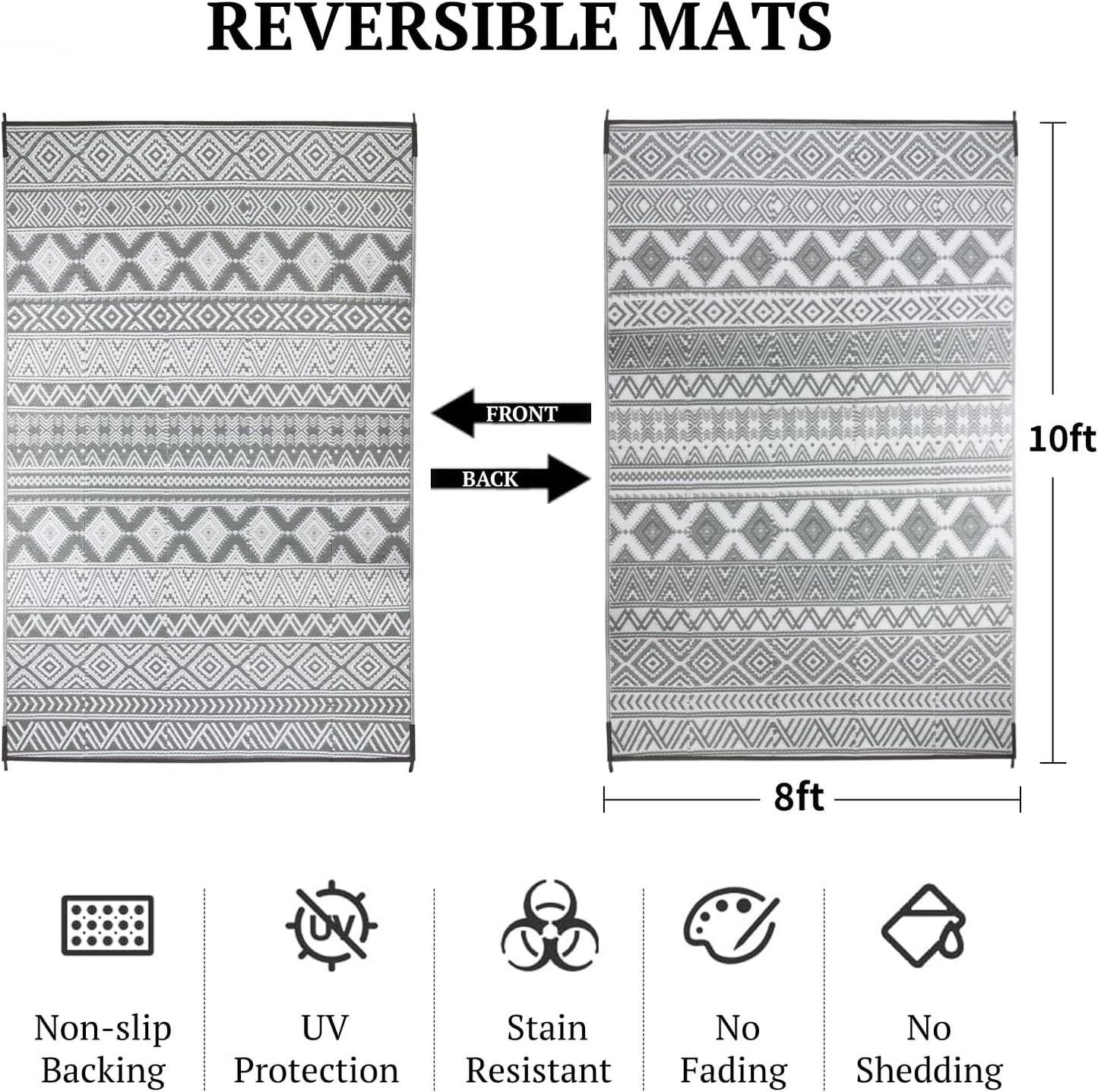 9'x12' Reversible Outdoor Rug - Eco-Friendly Plastic Straw Rug-Heavy-Duty Waterproof Mat, UV & Fade Resistant for Patio, Camping, RV, Deck, Balcony(9x12,Gray&White)