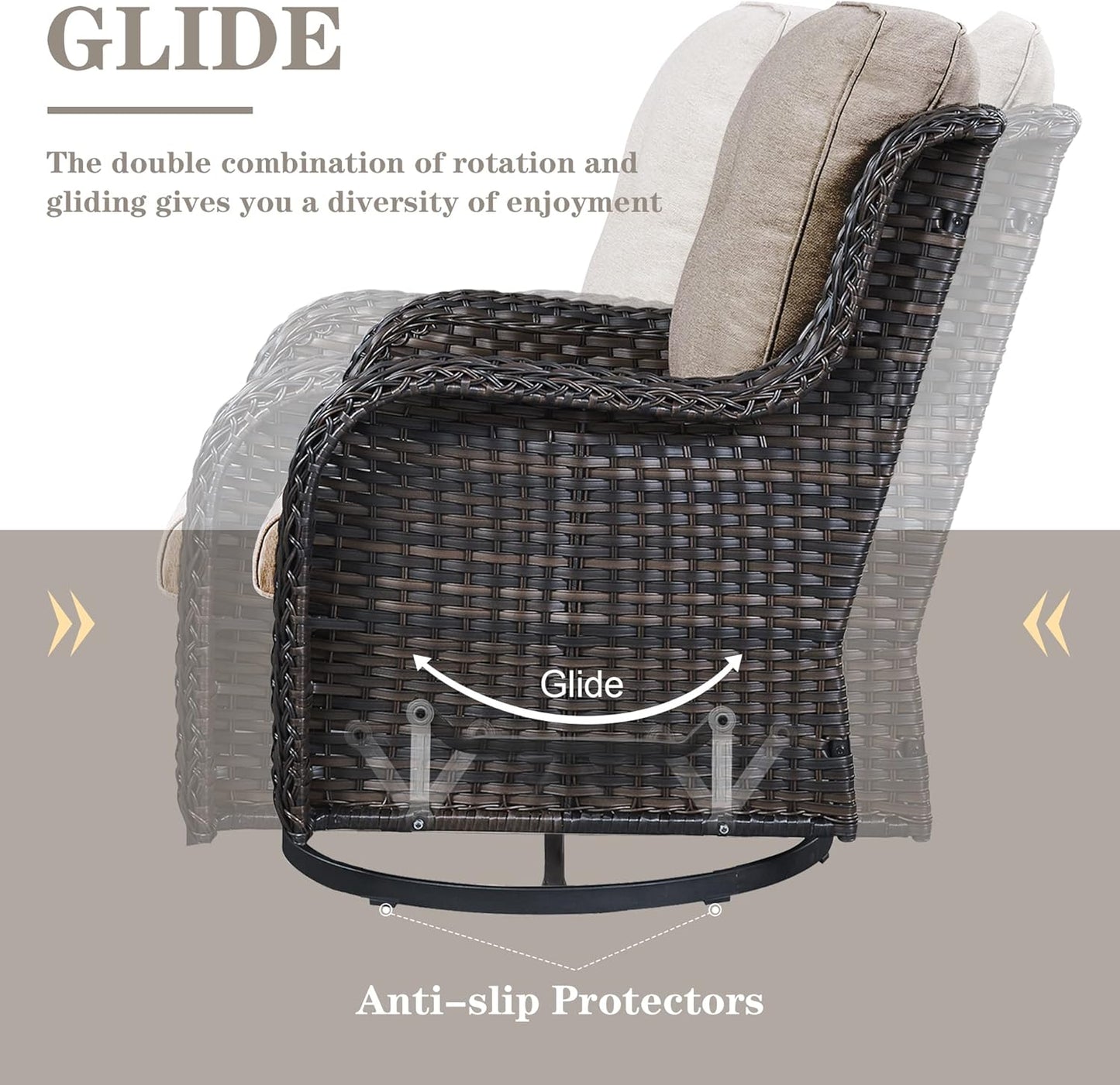 Outdoor Patio Furniture Set with 50000BTU Propane Fire Pit Table, 7 Pieces Wicker Patio Conversation Set with 2 Swivel Glider Rocker Chair Rattan Sofa Grey Cushion Perfect for Casual Gathering