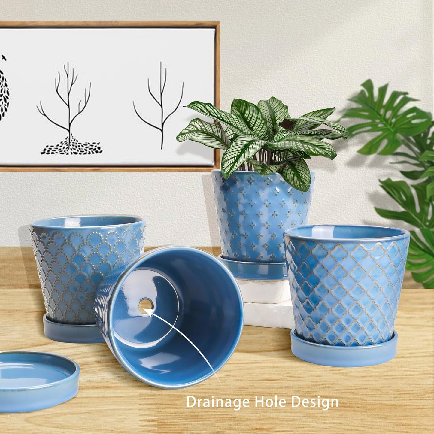 EFISPSS Plant Pots, 5 Inch Pots for Indoor Plants, Planters with Drainage Hole and Saucer, Ceramic Flower Pots Desktop Office Windowsill Decoration Gift Set of 4 - Sky Blue