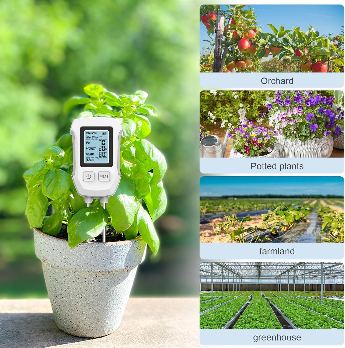 5-in-1 Soil Tester with Dual Probe, Digital Moisture Meter, pH/Temperature/Sunlight/Fertility Tester, Compact & Modern Design, for Lawn, Farming & Outdoor Plants (3*AAA Battery Required)