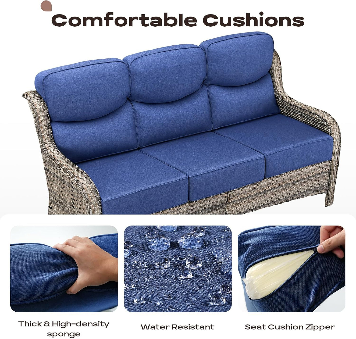 Wicker Outdoor Patio Furniture Set - 8 Piece Patio Conversation Sets with Swivel Rocker Chairs, Ottomans, Sofa and Coffee Table, 6 inch Cushions, Deep Seating, for Porch Deck Mixed Grey/Blue